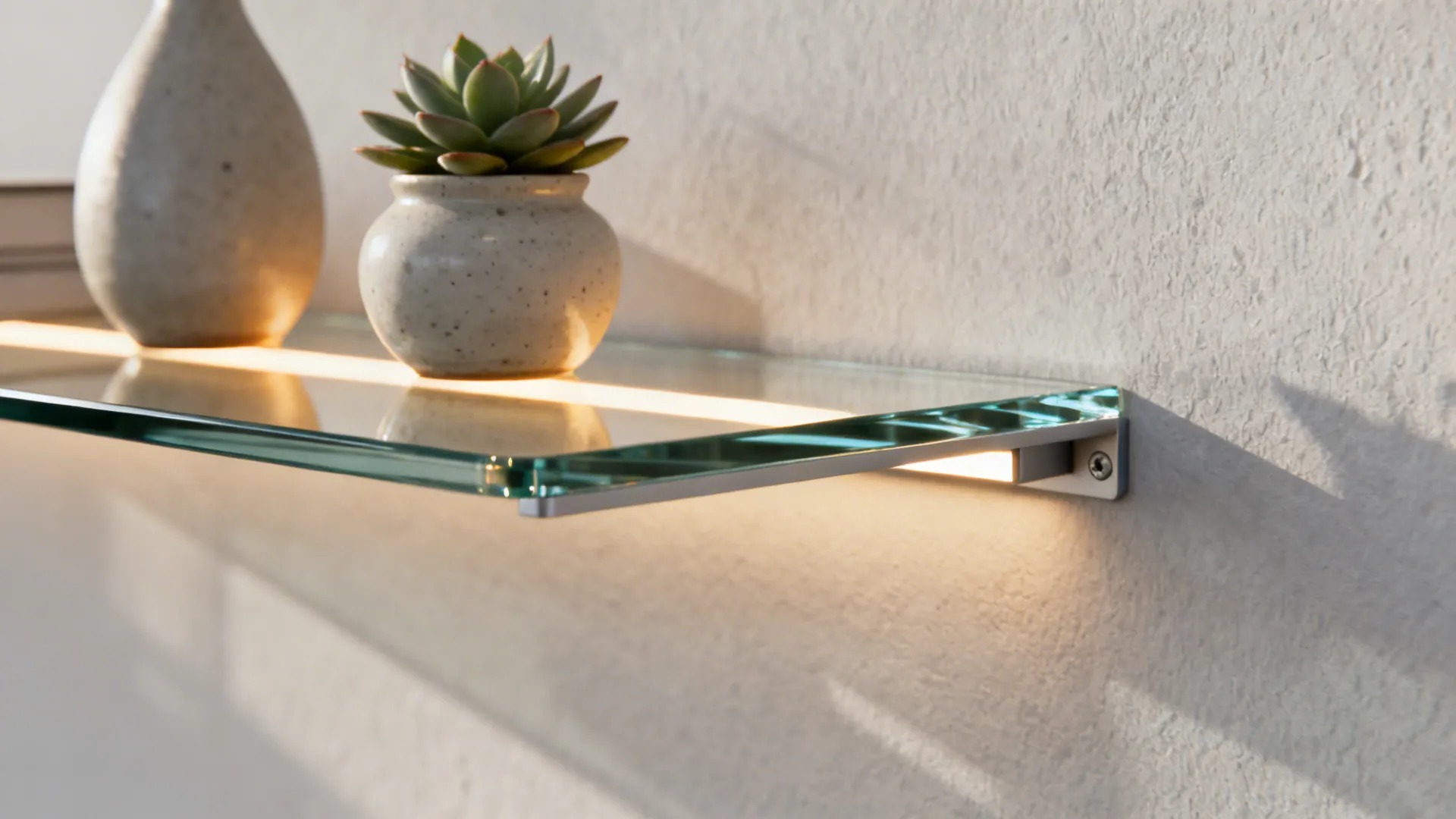 Close-up of a floating tempered glass corner shelf with concealed bracket and LED backlighting behind a small vase.