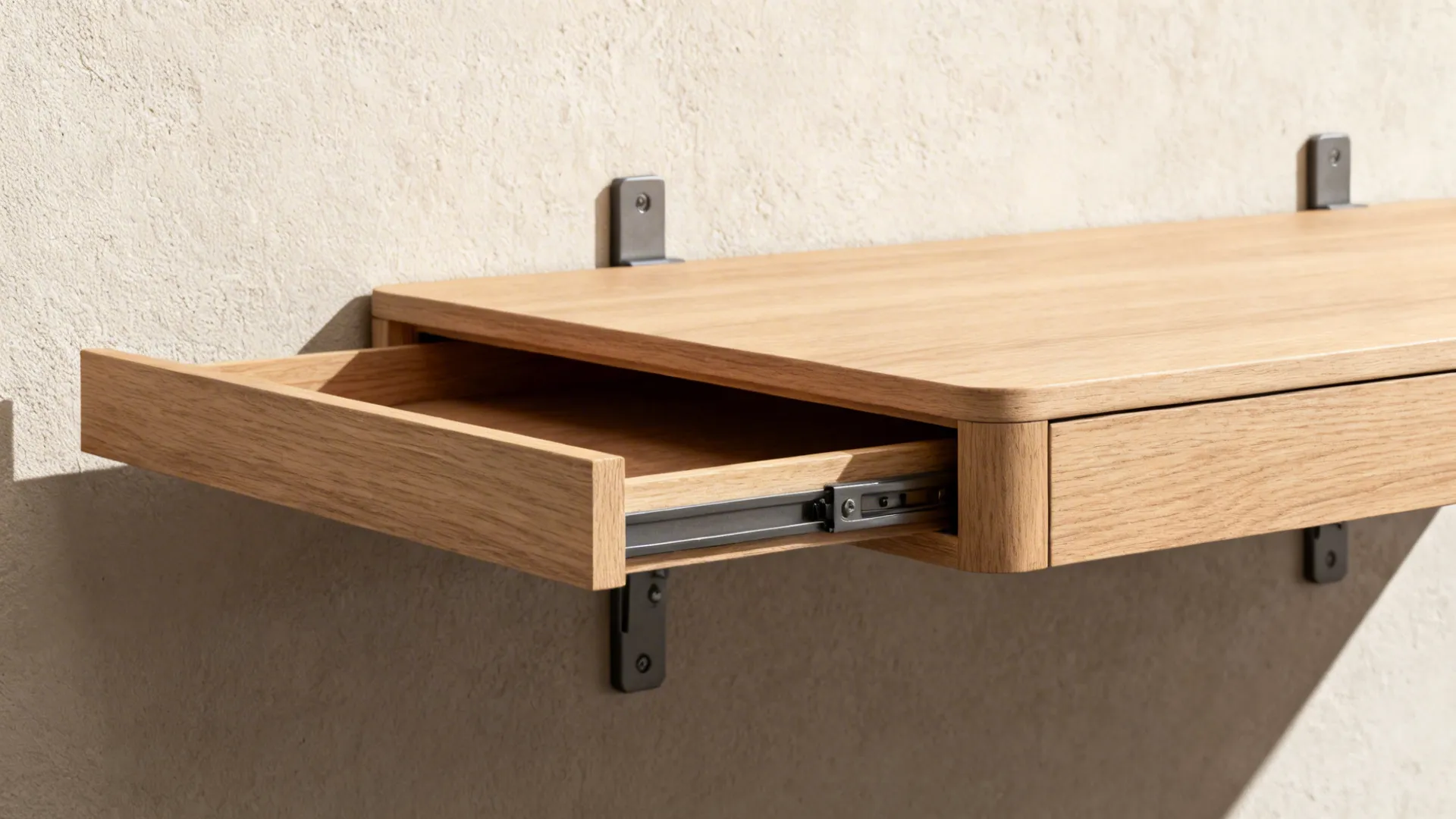 Floating side table with a hidden drawer mounted on a wall, showing close-up of drawer runner