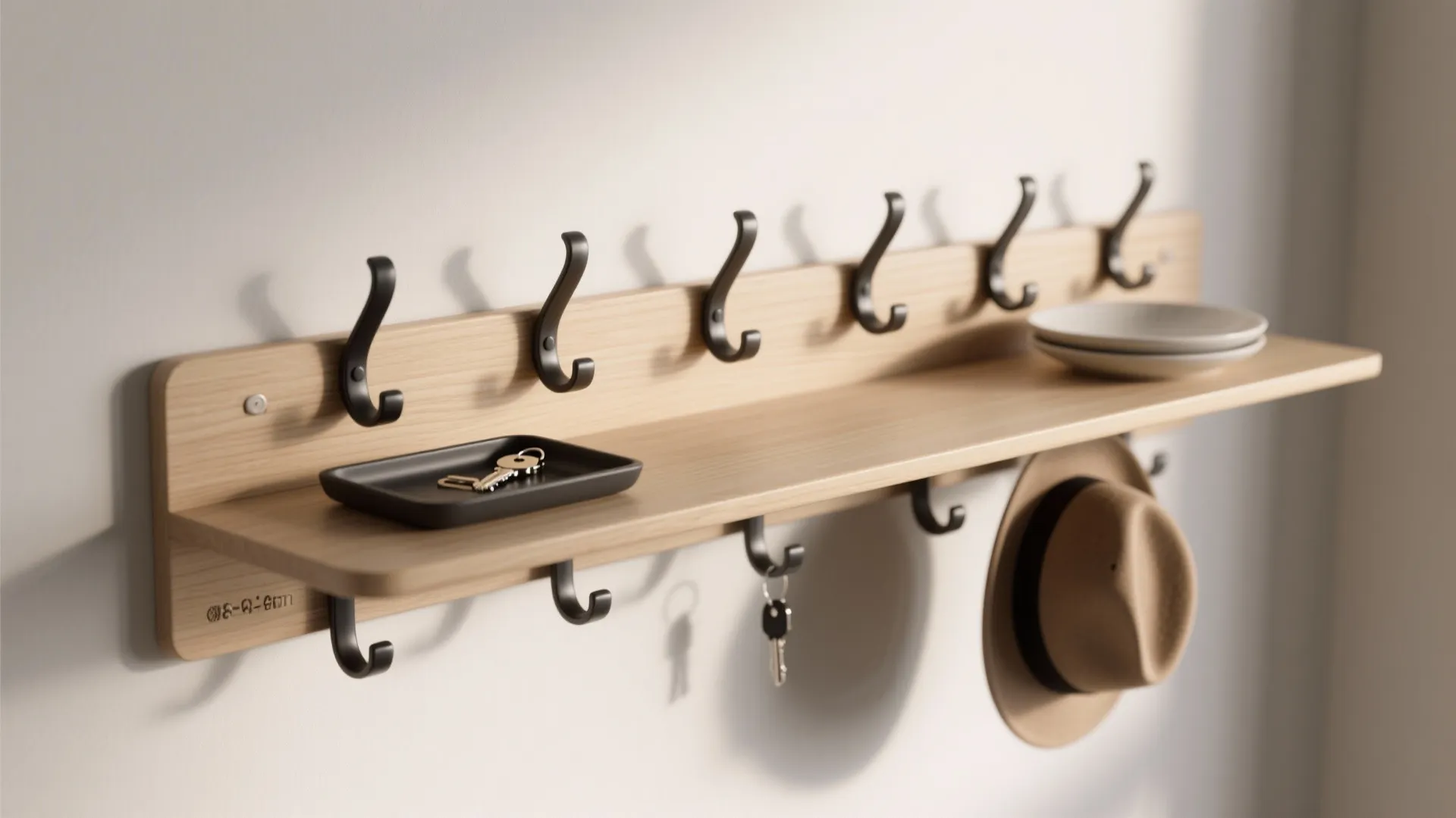 Floating shelf above integrated hooks with a tray for keys and a hat in a small entry space.