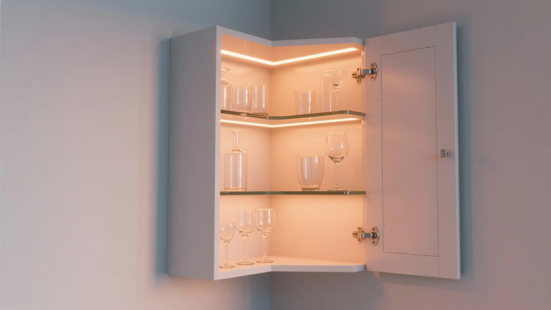 Corner wall cabinet with open door glass shelves warm light fixture and various wine glasses