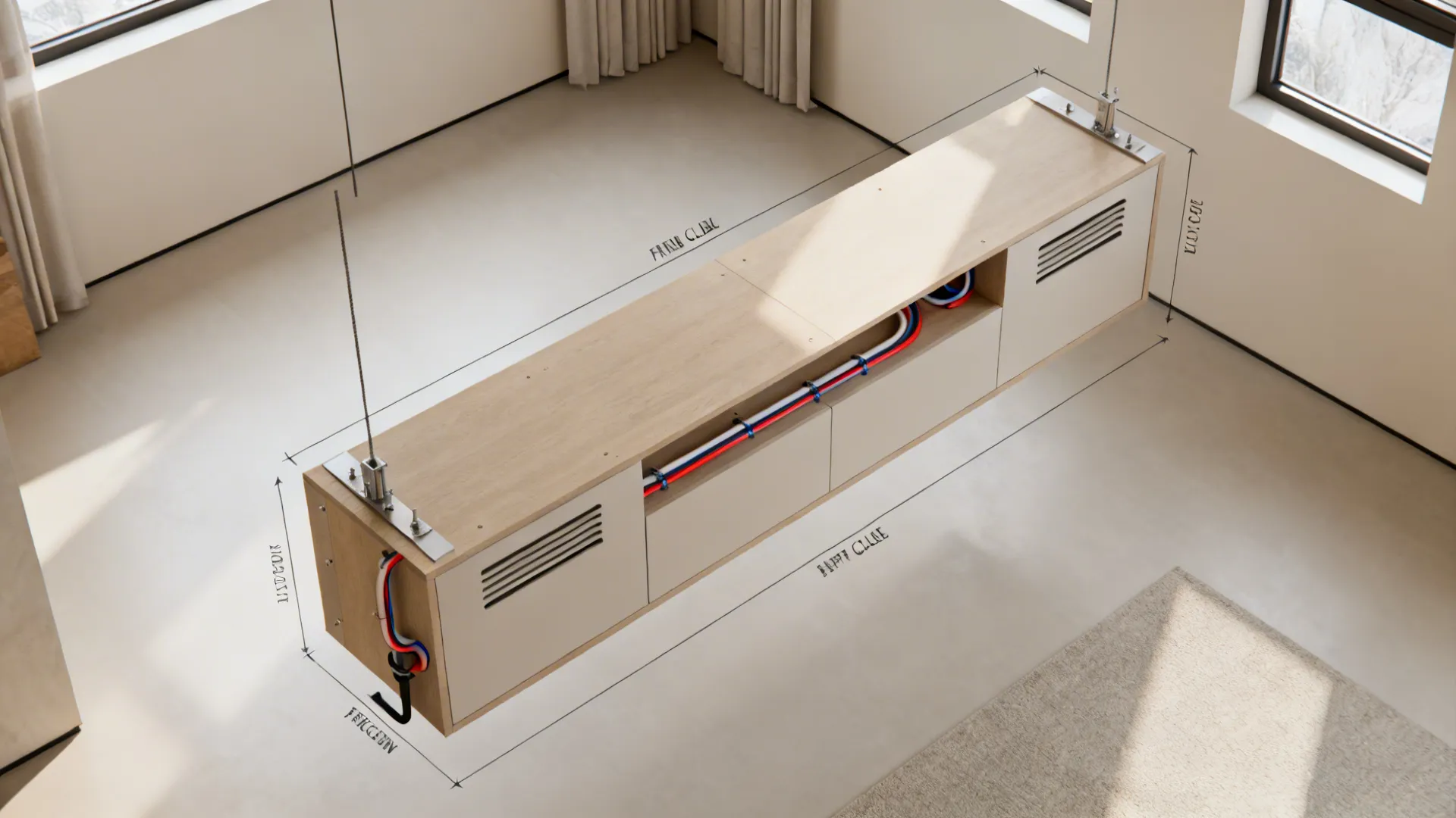 Top-down view showing cleats, studs, and conduit path for a floating credenza install.