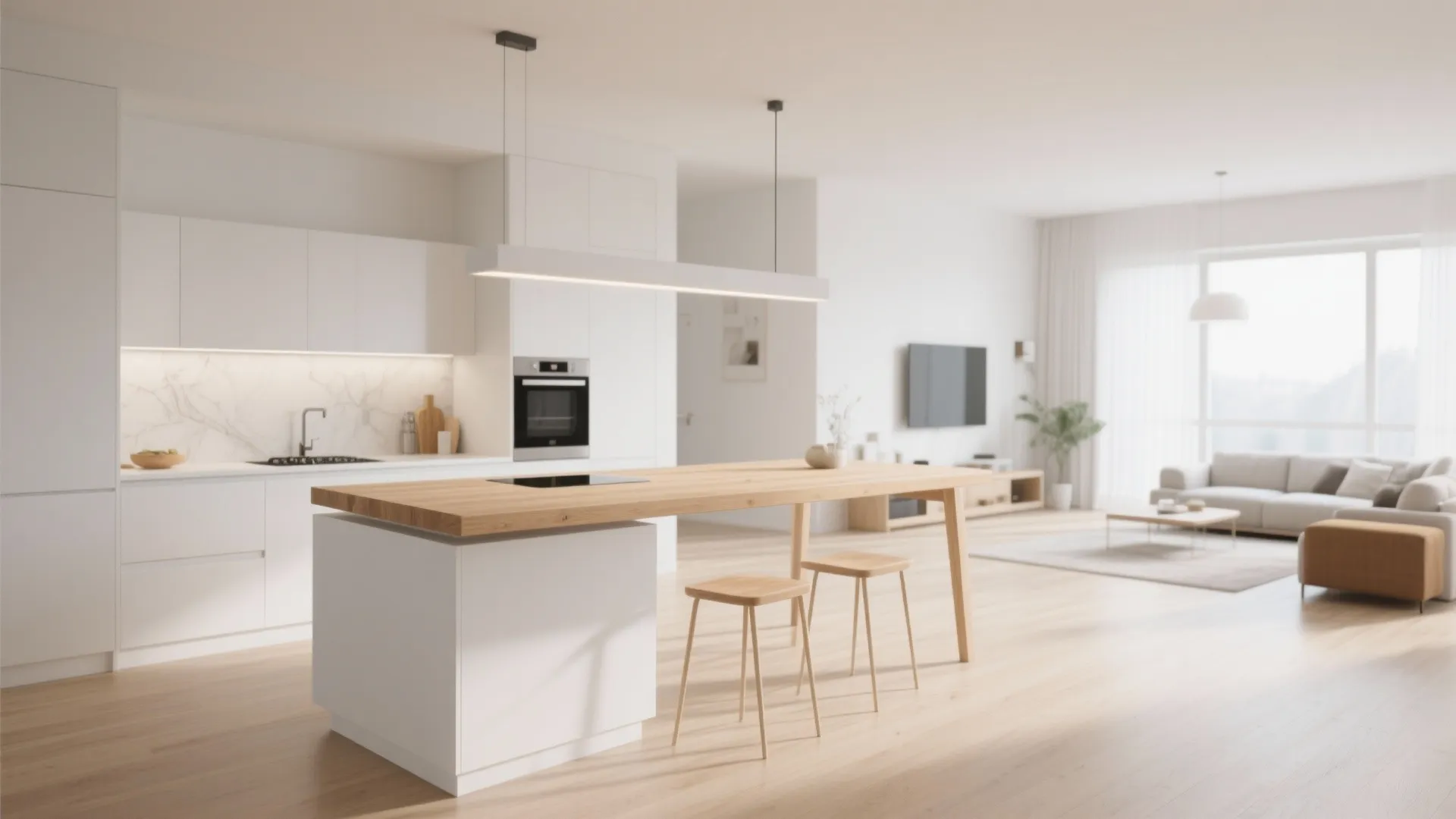 Minimalist white kitchen with large wooden table island and stools in bright open living area