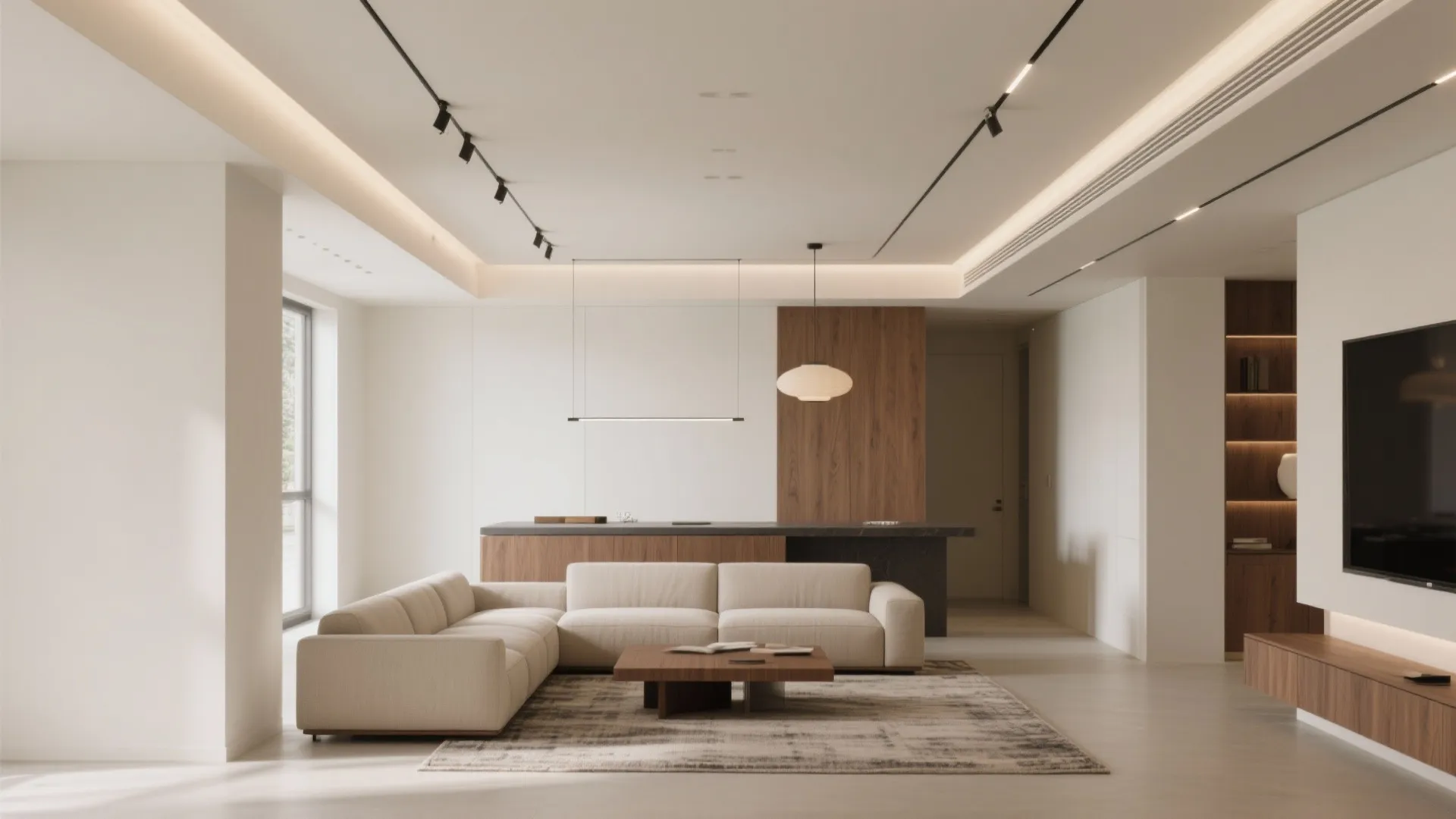 Minimalist living room with beige sofa wood coffee table area rug and modern ceiling light fixtures