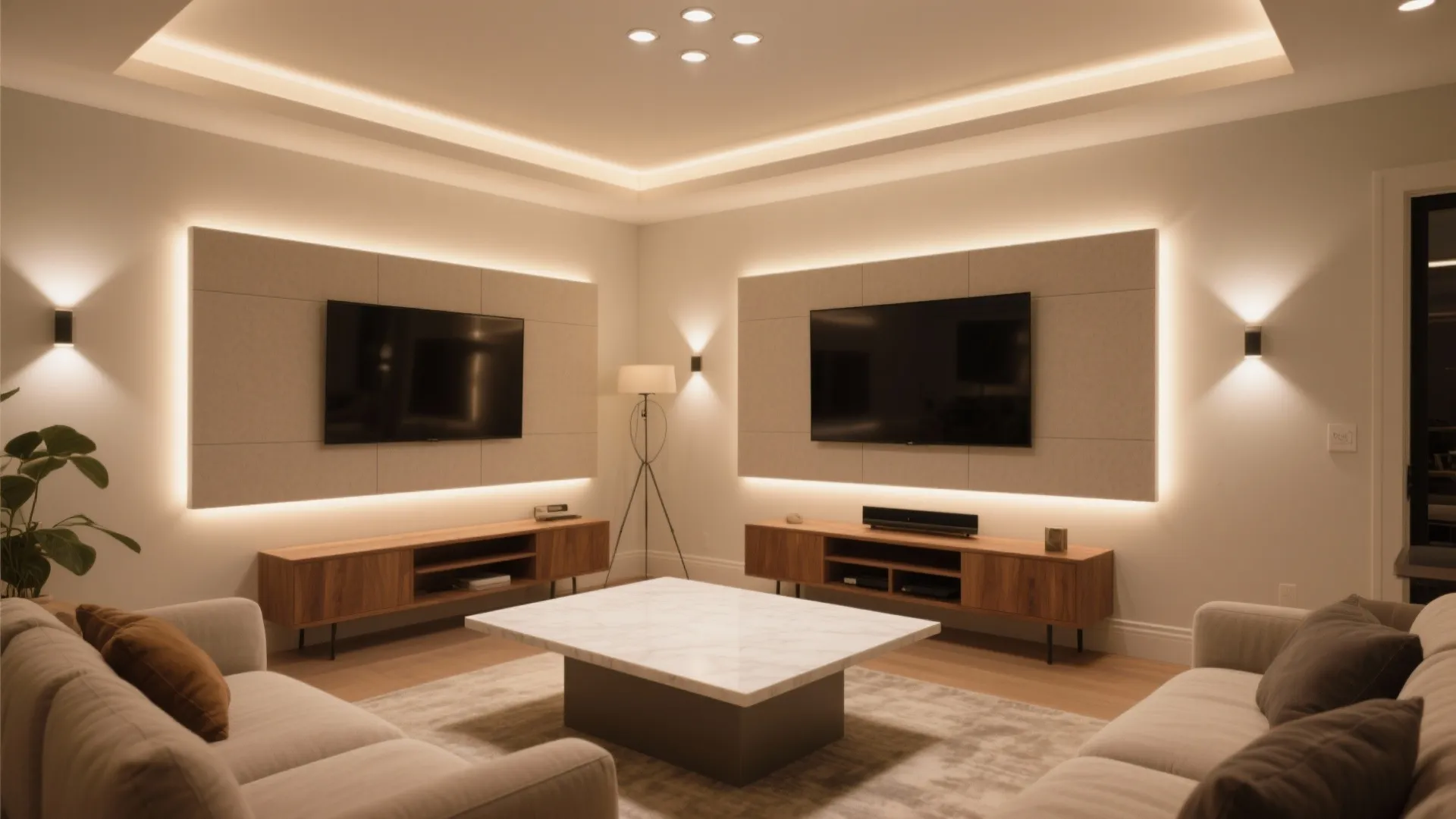 Spacious living room with two wall televisions, wooden cabinets, square coffee table, and soft lighting