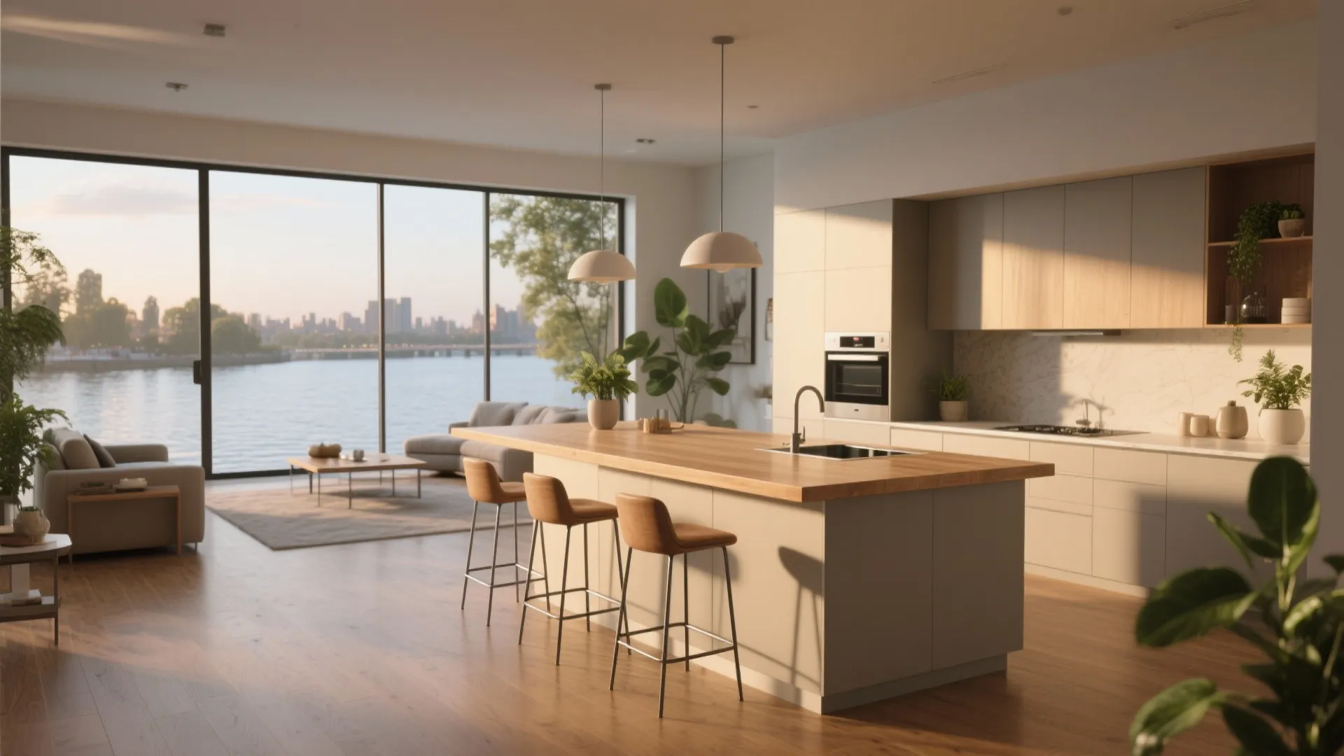 Modern open kitchen with wood island stools and large windows overlooking a scenic river city