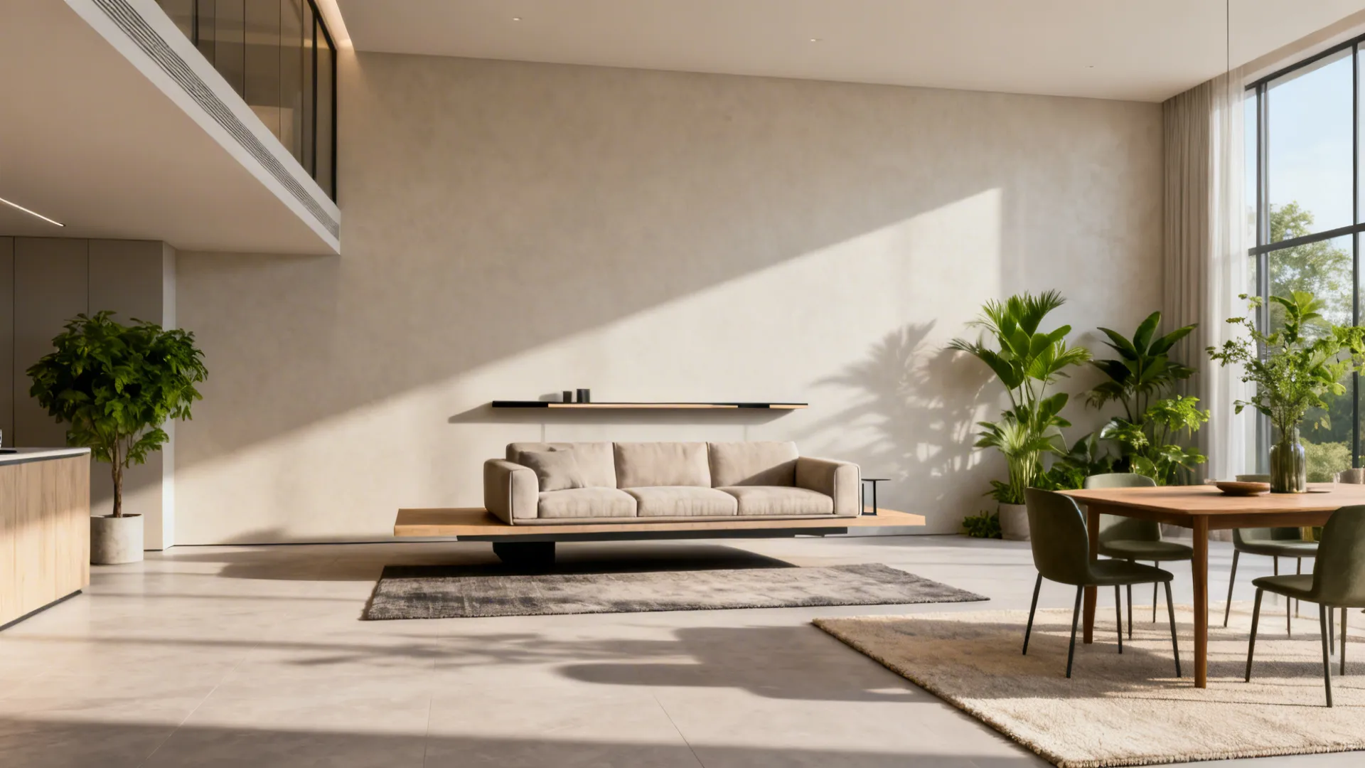 Floating furniture island with sofa, slim console and separate rugs anchoring zones