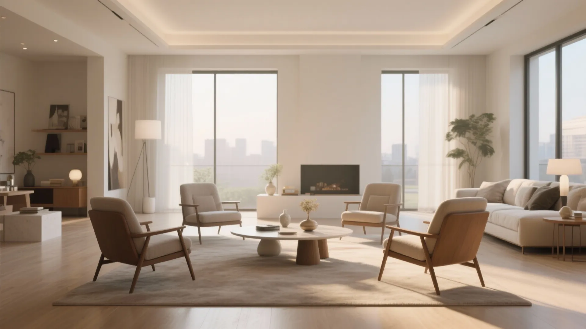 Four chairs positioned inward as a floating conversation zone