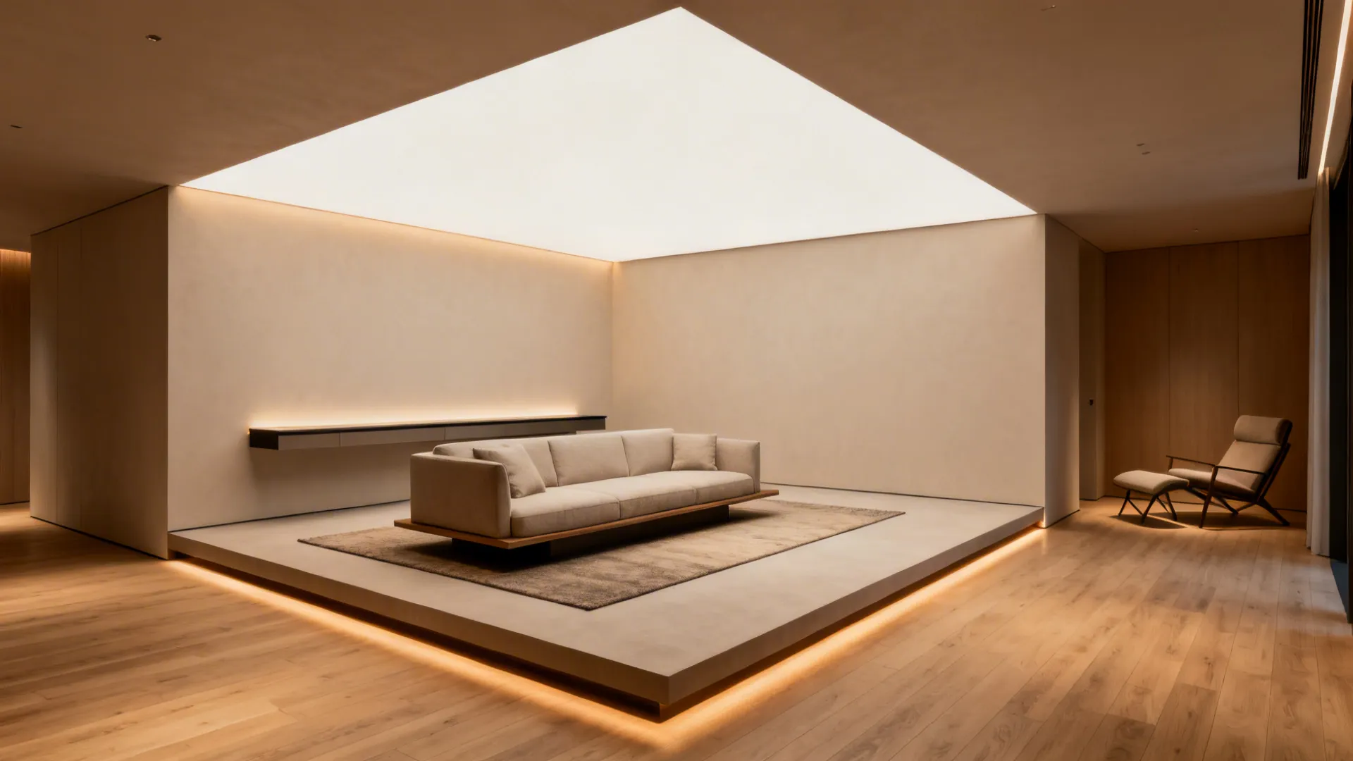 Floating seating island with a slim console and intimate corner seating in an open-plan small living room