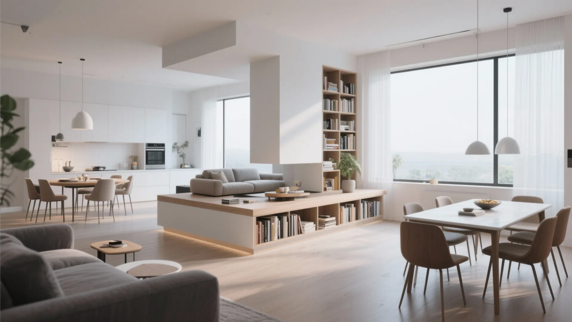 Spacious interior design drawing with a large white bookcase kitchen area and multiple seating zones
