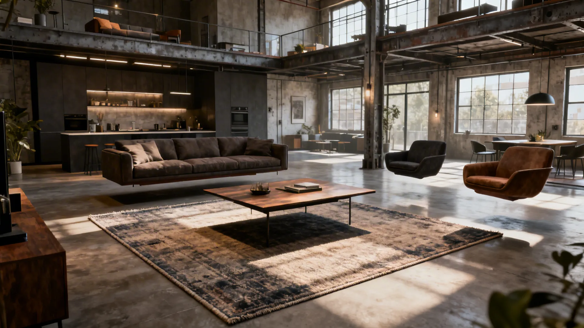 3. Floating island (rug under coffee table only)