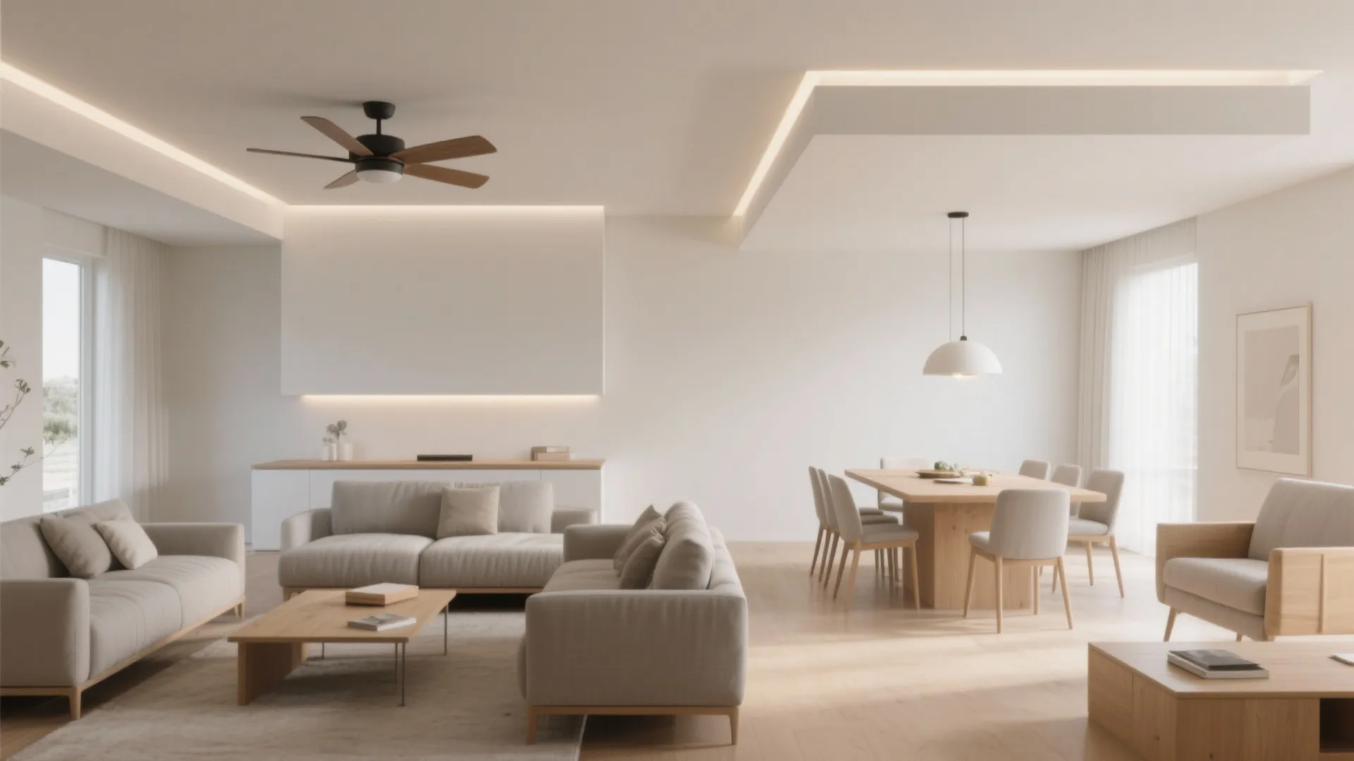 4) Floating ceiling islands over functional zones