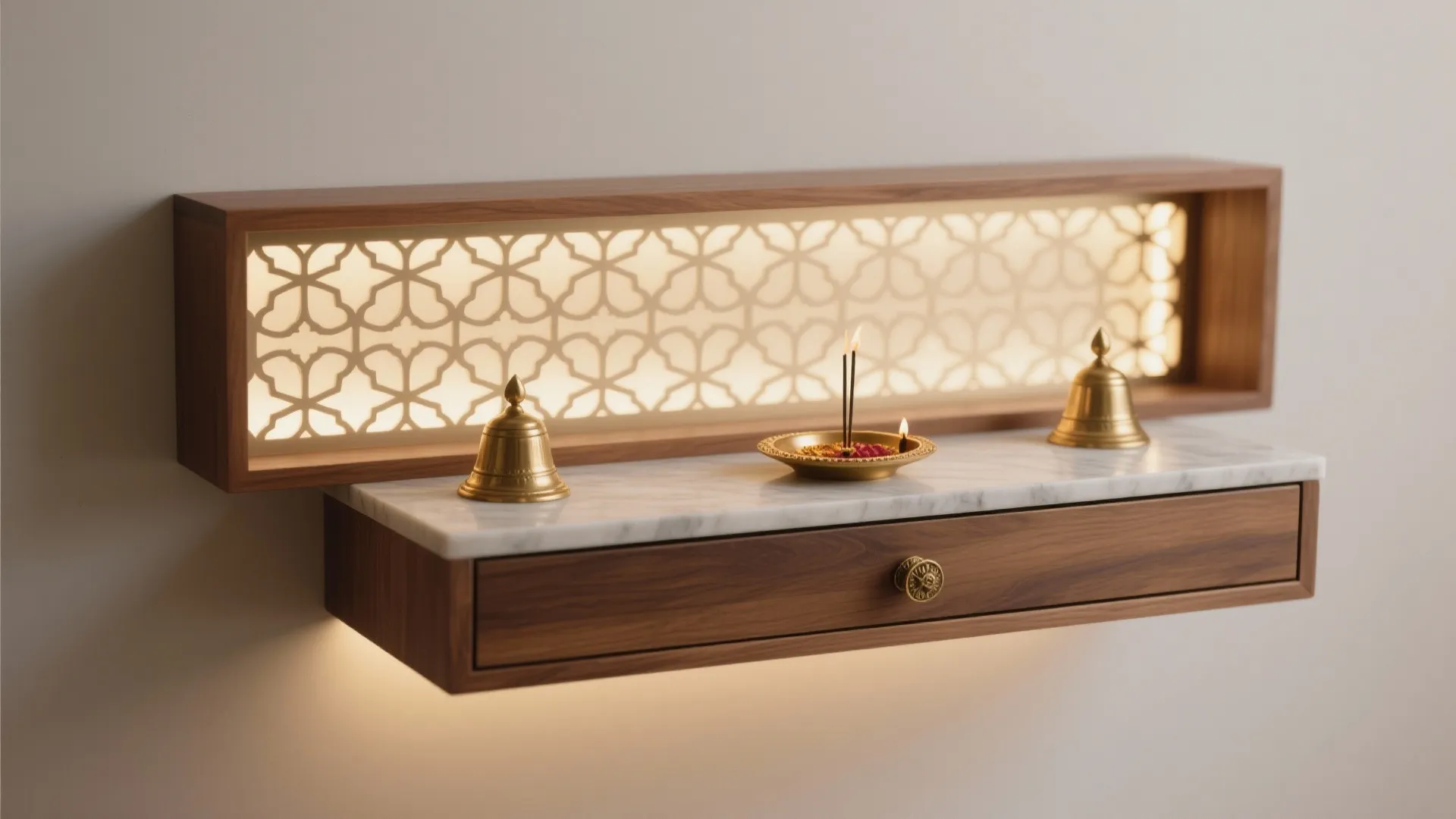 Floating wood cabinet with marble surface and backlit wall panels featuring brass bells and incense