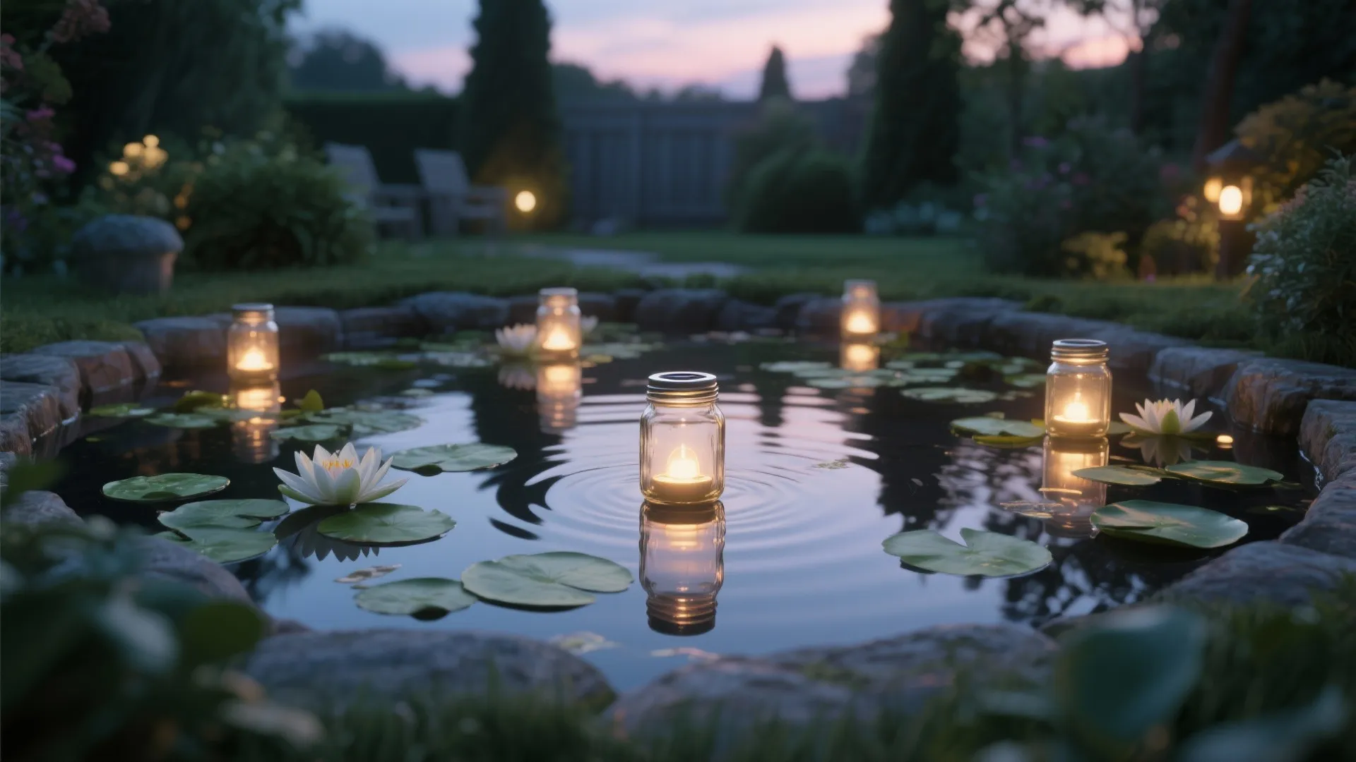 Floating glass jars with warm lights on a garden pond with water lilies at dusk