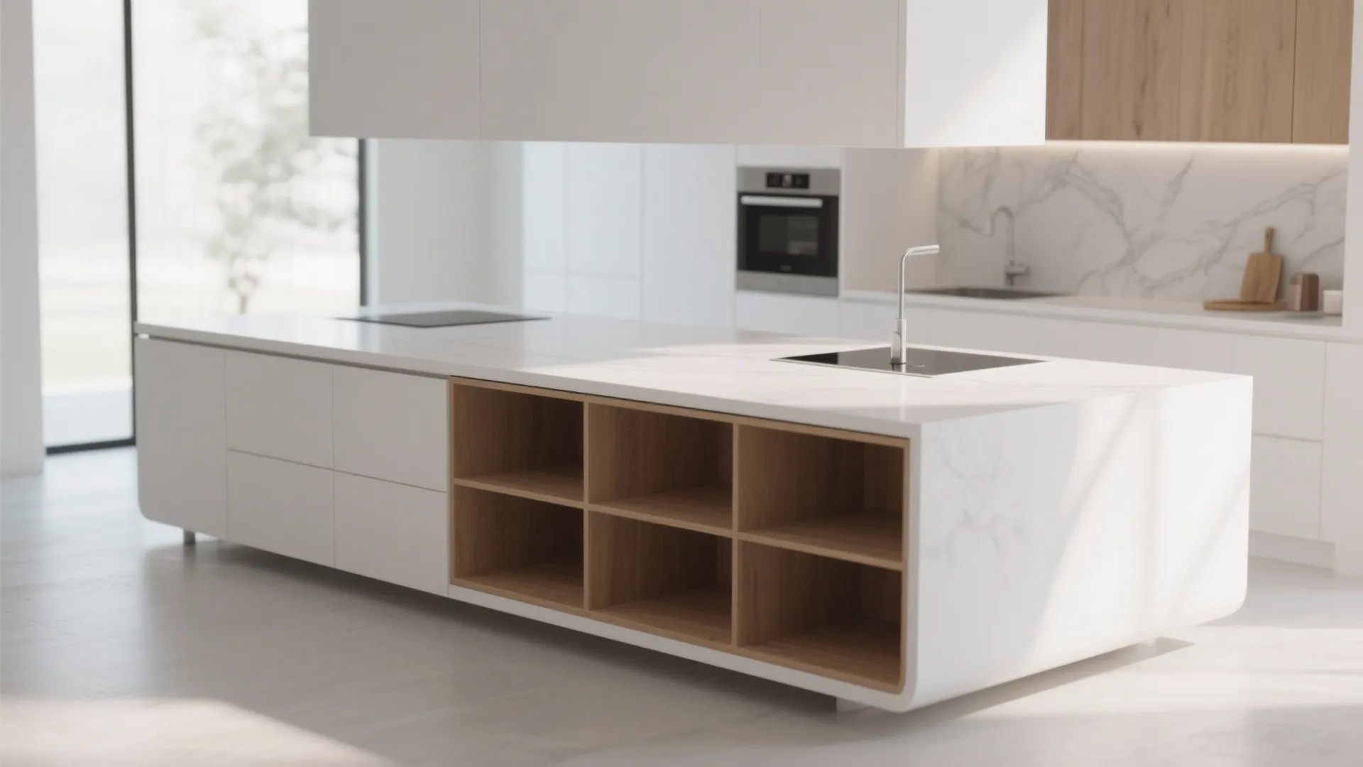 Minimalist floating kitchen island with open bottom shelves