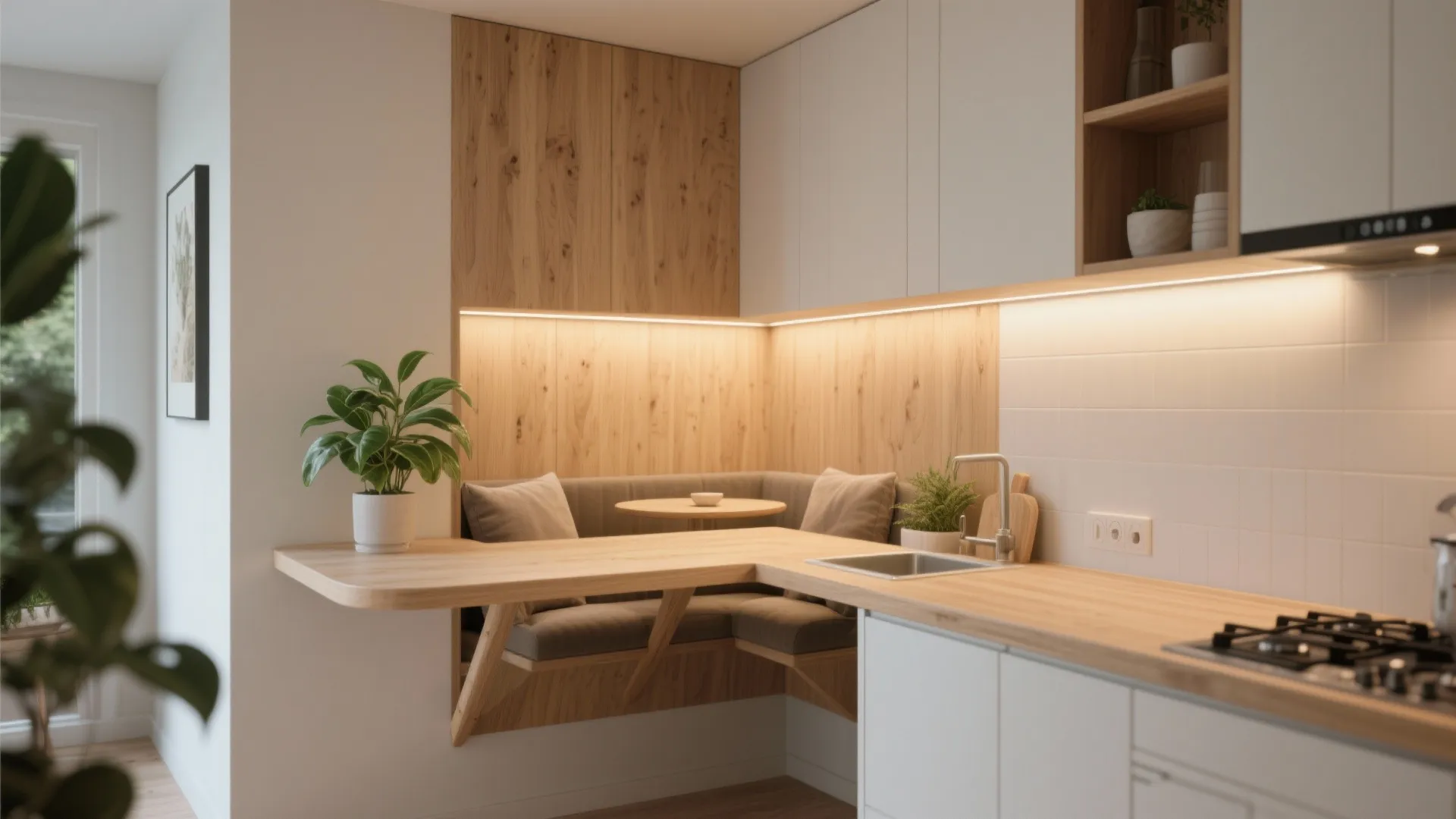 3. Floating L-shape for a corner breakfast nook