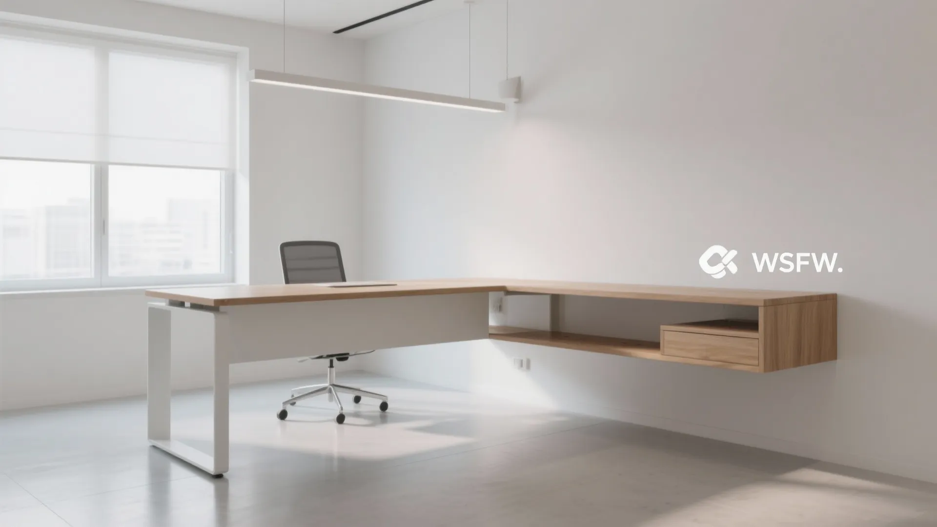 Wall-mounted floating L-shaped desk in bright small room