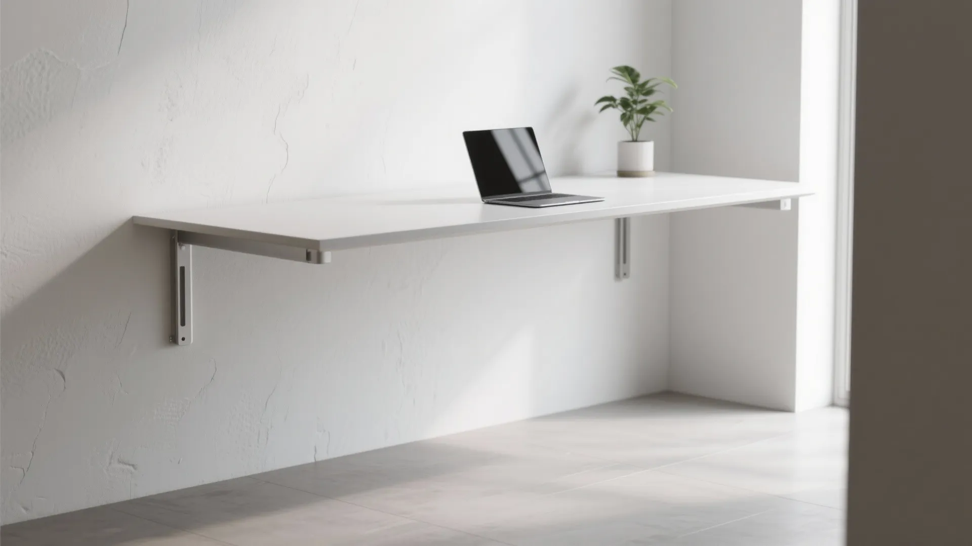 Minimalist white floating wall desk with a laptop small green plant and bright natural sunlight shadows