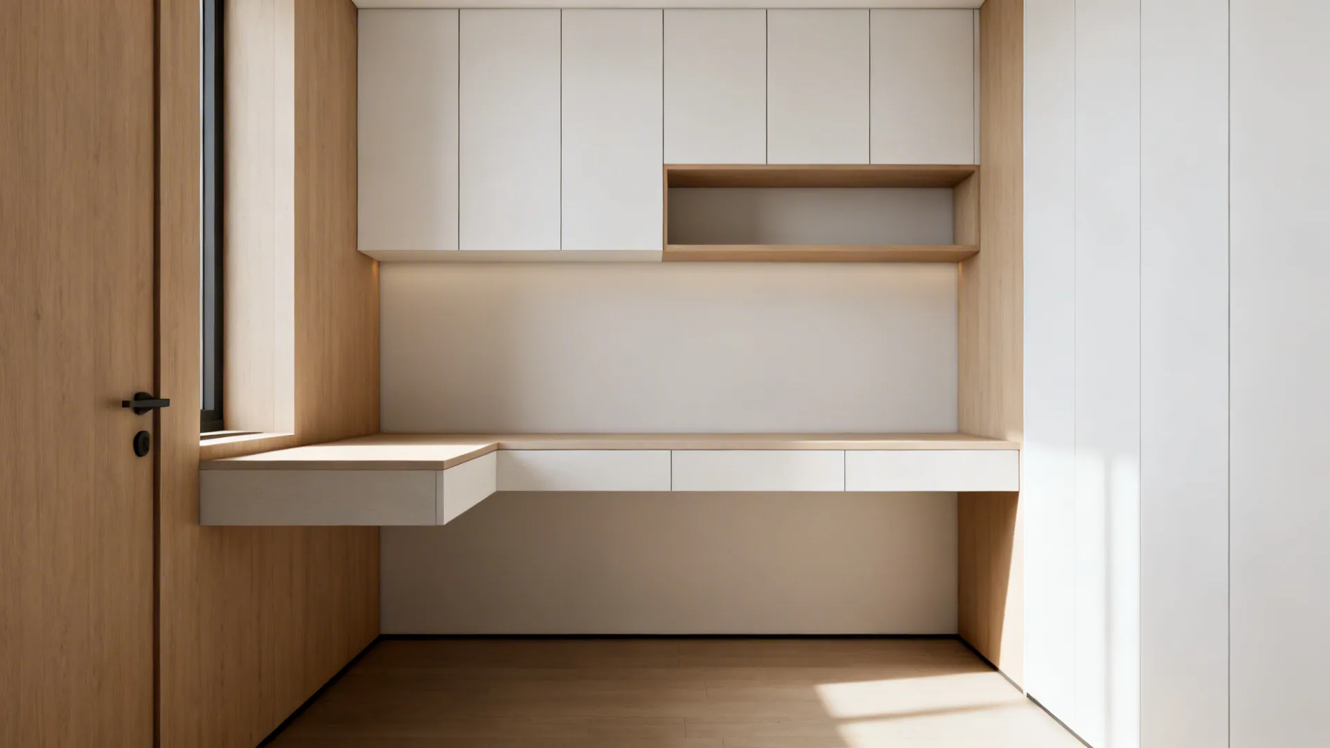 Floating L-shaped desk with shallow wall cabinets and open shelves in a small nook.