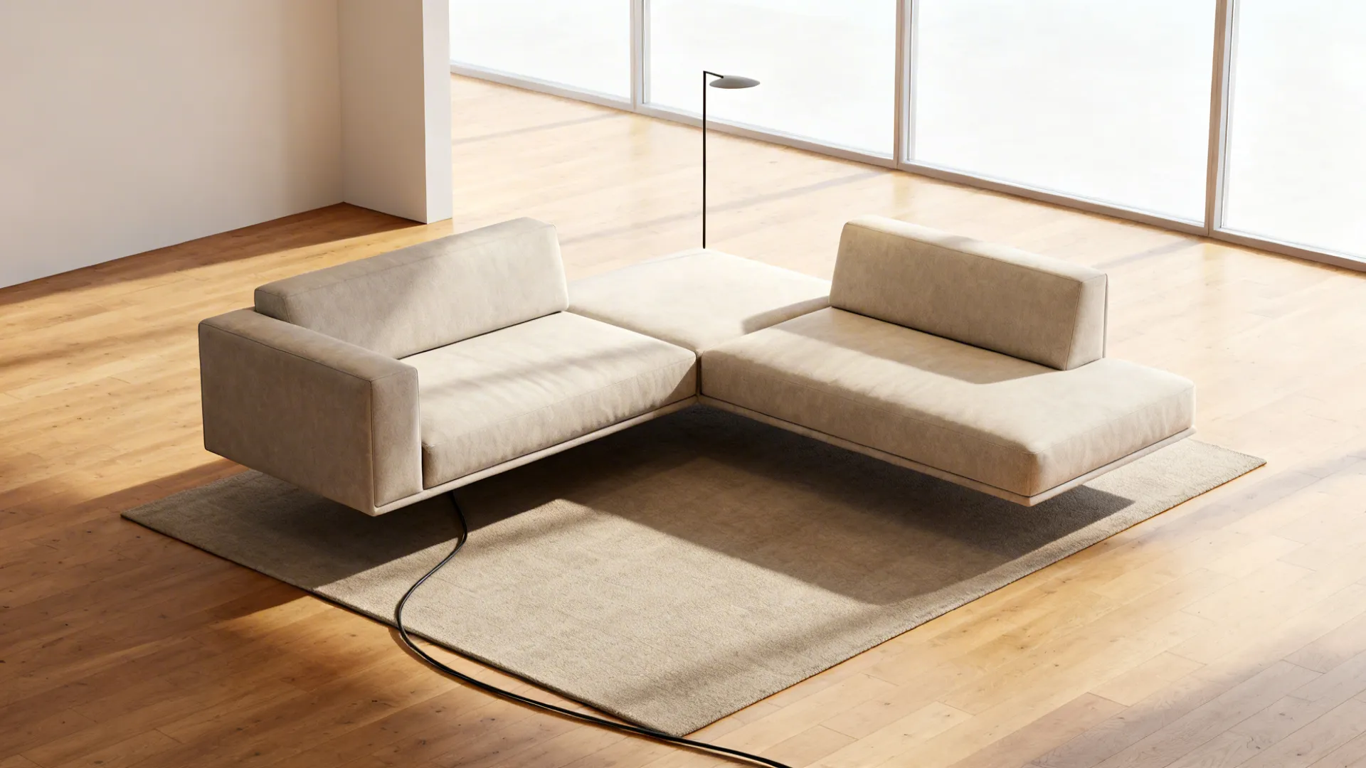 Floating split L-shaped sectional creating an open circulation island in a small living room.