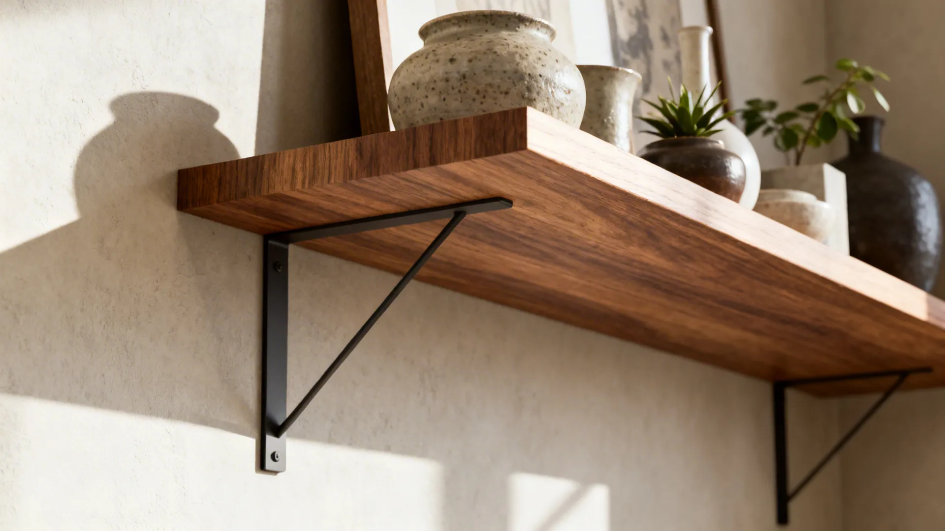 Floating L-shaped shelf with ceramics and plants on a light wall