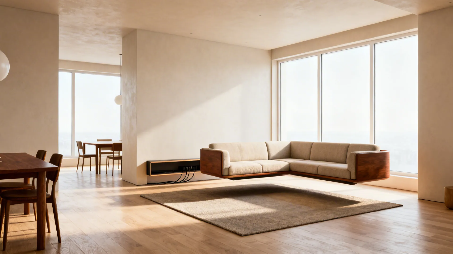 Studio layout with a floated L-shaped sofa creating separate living and dining zones and a slim console behind it.