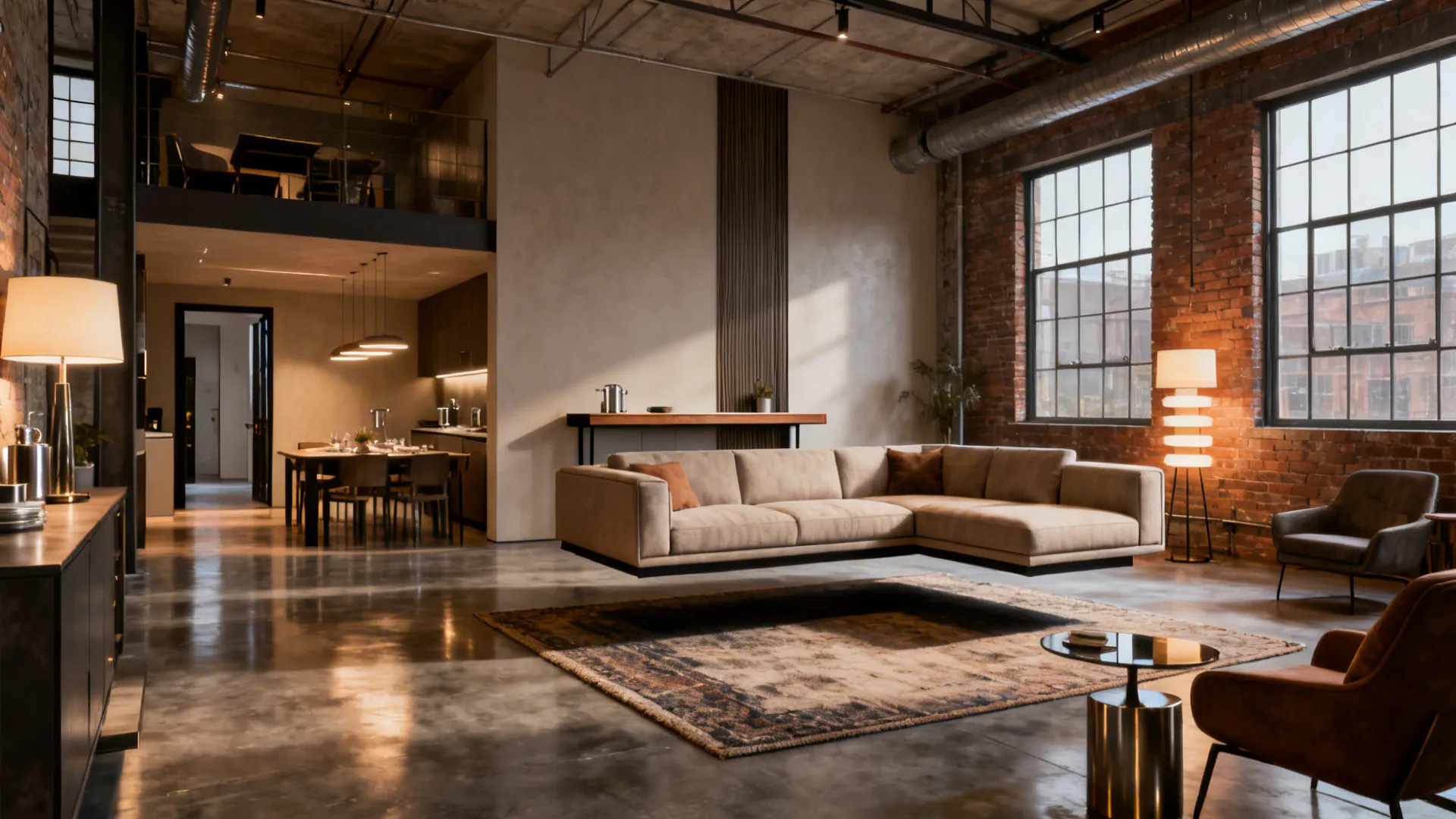 Open-plan loft with a floating L-shaped sofa and a slim console defining zones.