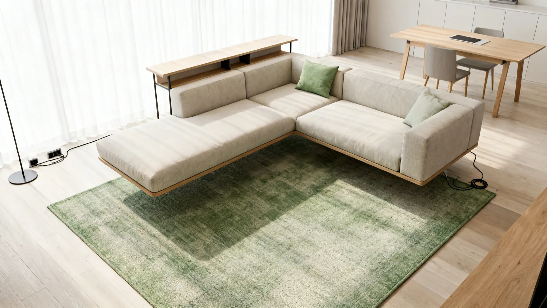 Top-down plan showing a floating L-shaped sofa zoned by a rug and console.
