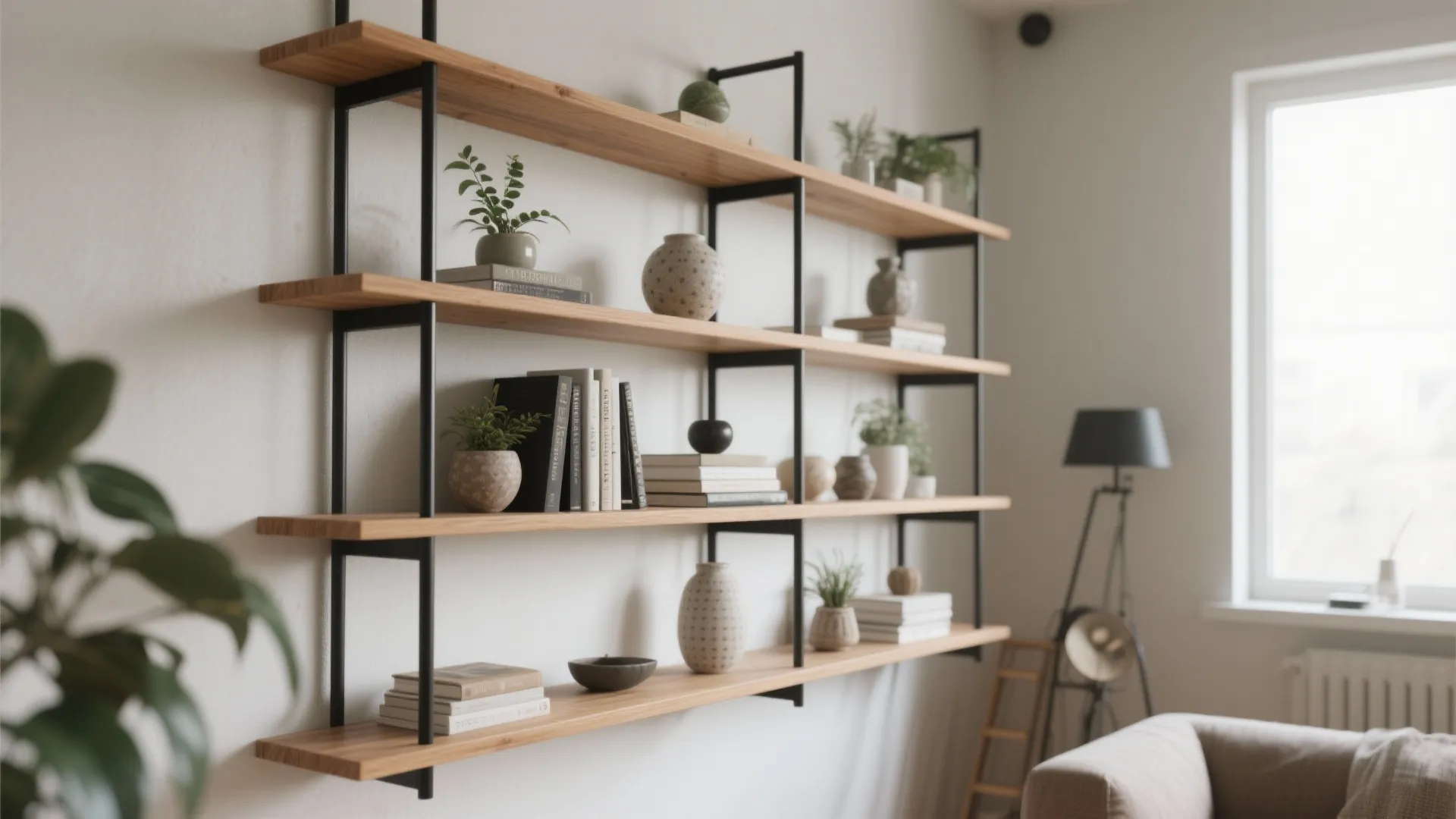 2. Floating ladder shelves for vertical drama