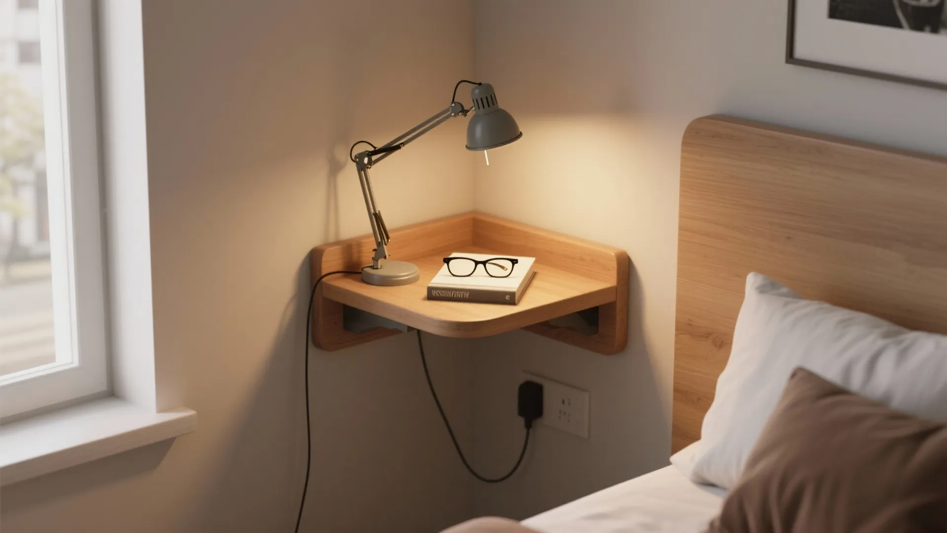 Wooden corner wall shelf with desk lamp glasses and book located next to a bed