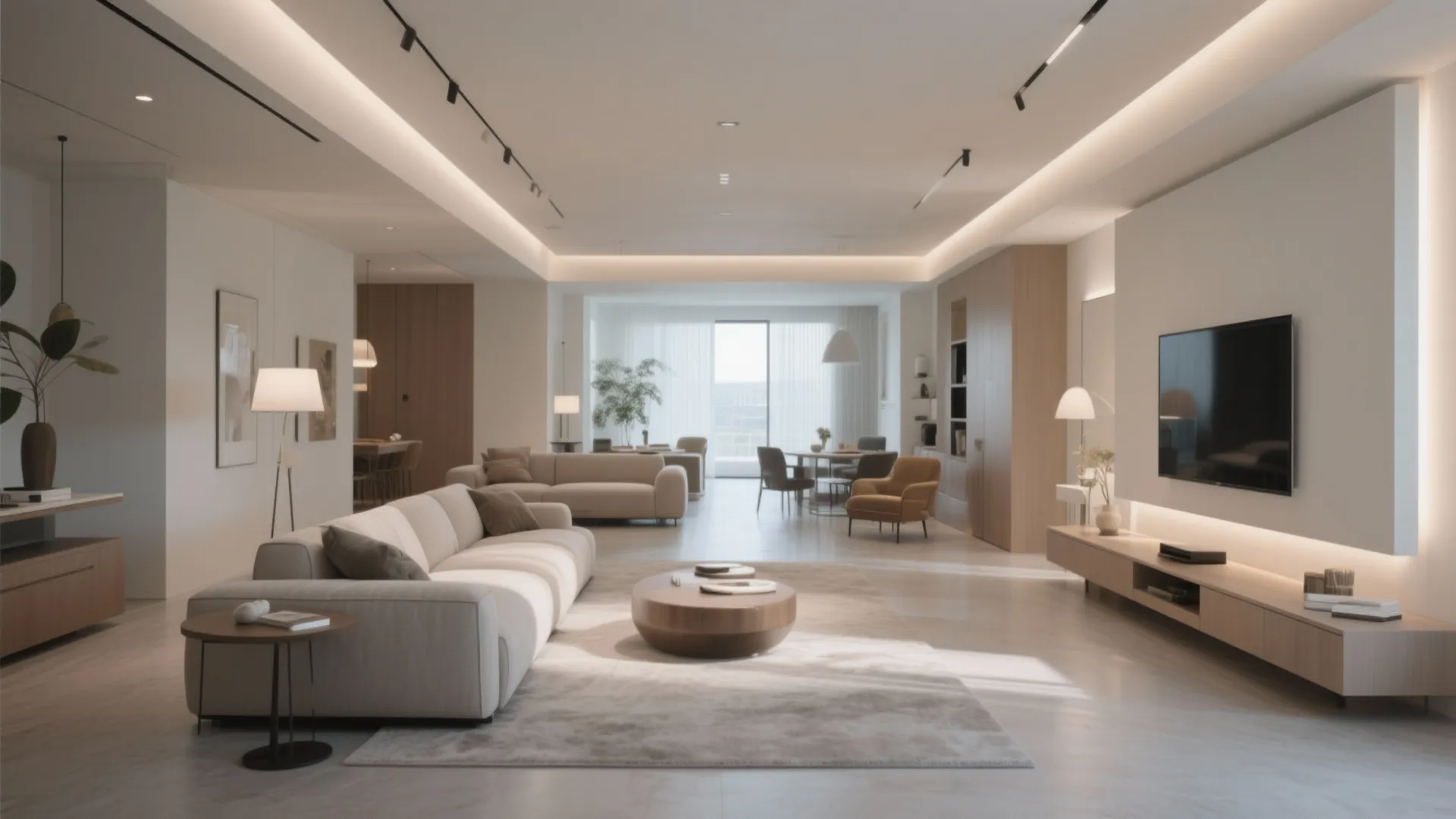 Open plan living room and dining area with white sofa wooden cabinet and warm ceiling light
