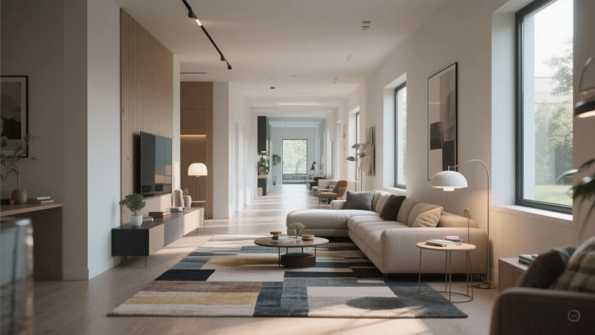 Long modern living room with large sofa colorful rug wall light and long hallway view