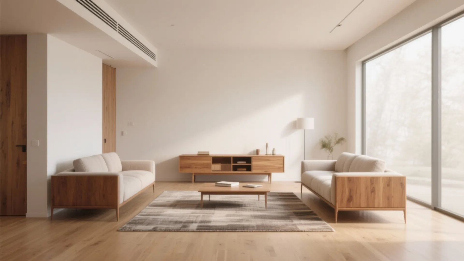 Minimalist living room with two beige sofas facing each other and a wooden storage cabinet
