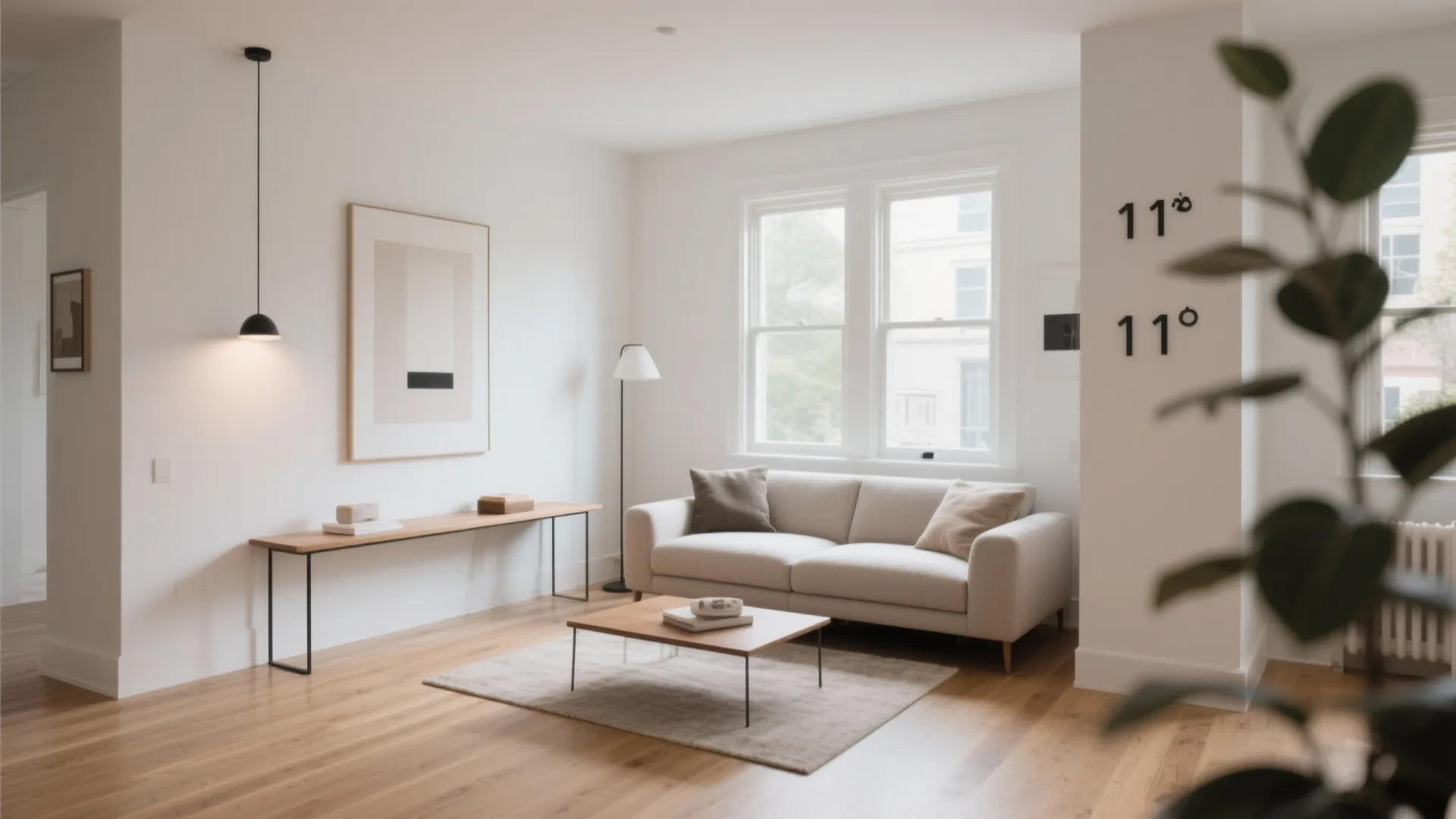 Minimalist living room with white walls and wooden floor featuring a sofa and black ceiling light