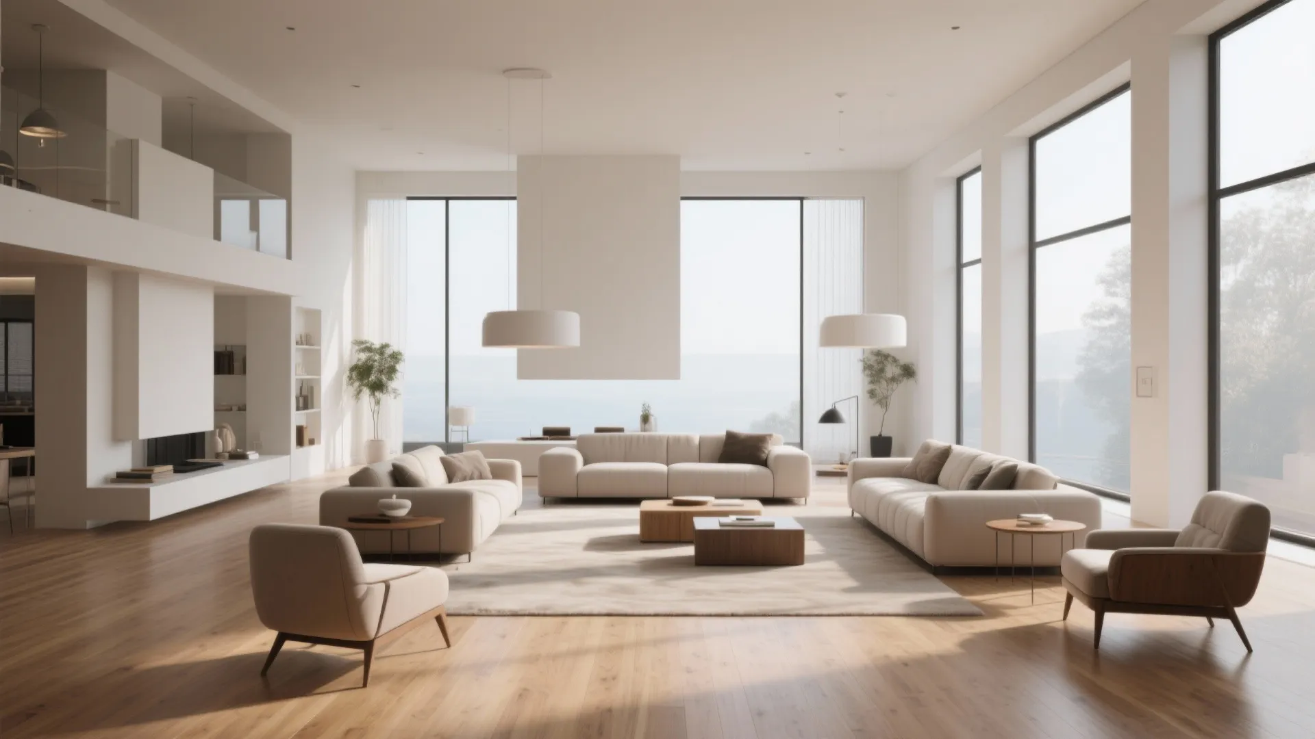 Spacious open plan living room with minimalist white furniture wooden floors and large bright windows
