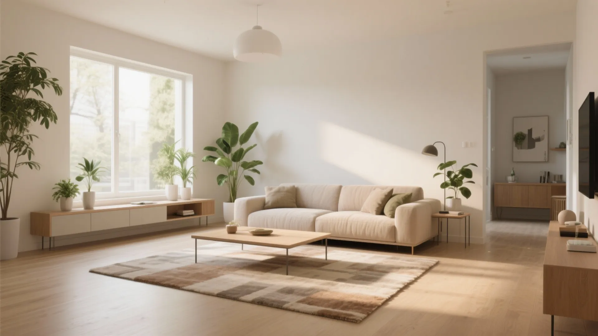 Bright living room with beige sofa wooden coffee table potted plants large window and ceiling light
