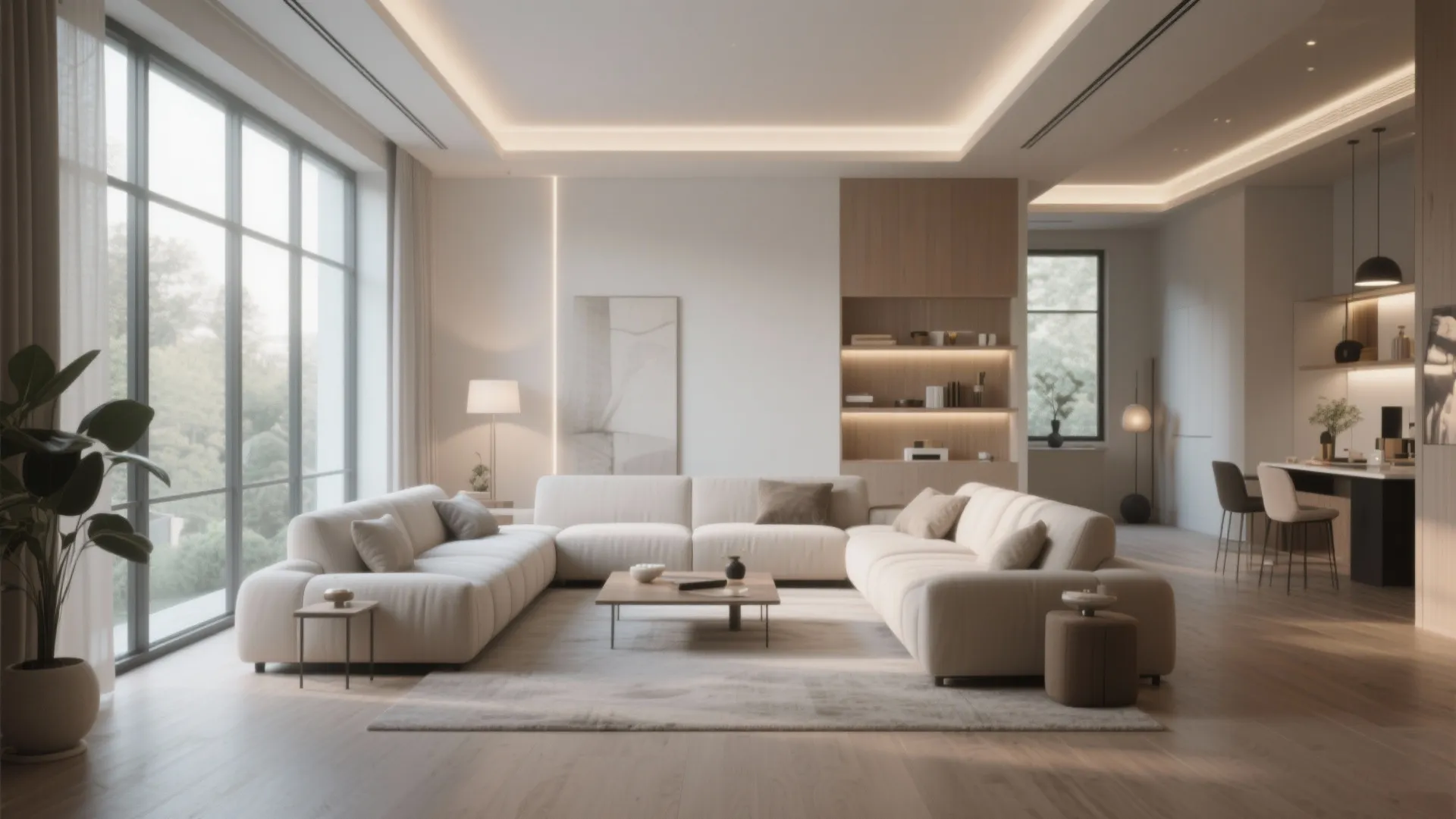 Large white sectional sofa in a bright living room with wooden shelves and a floor lamp