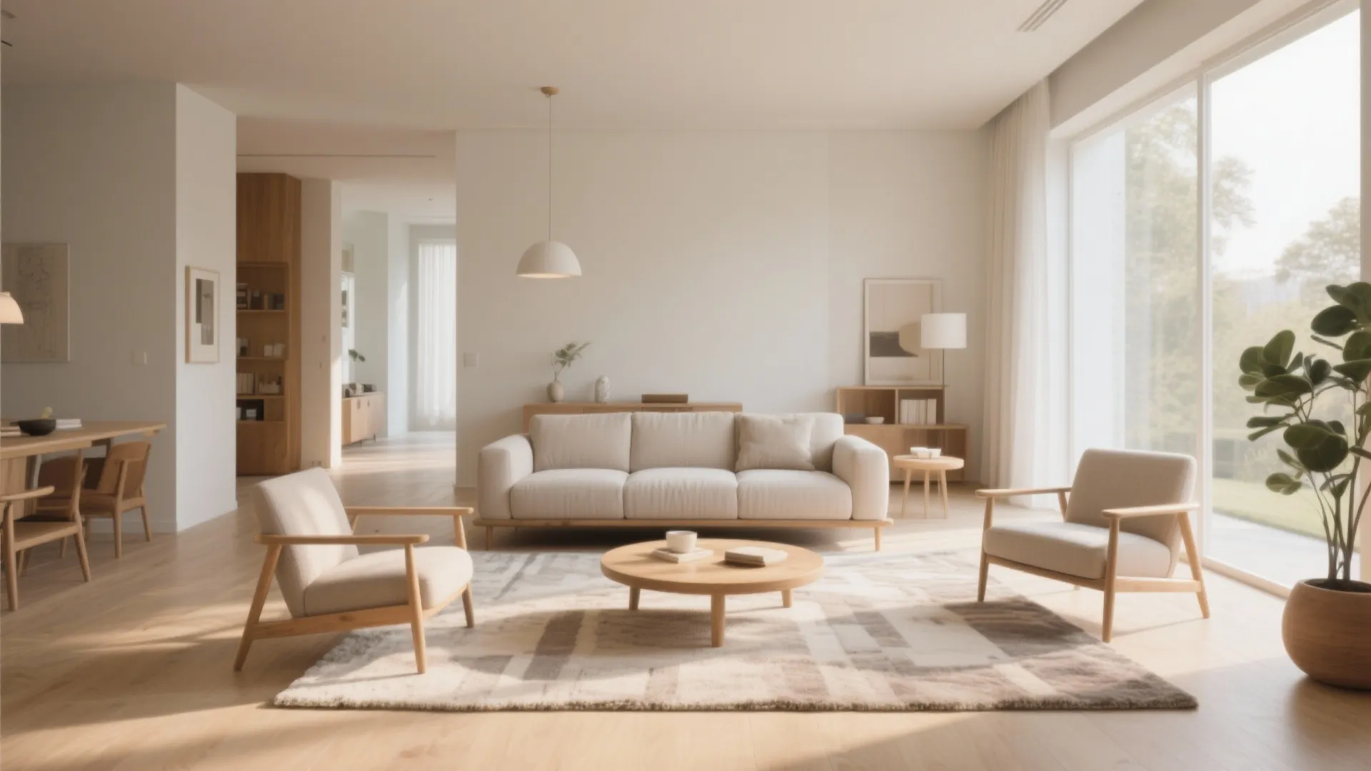 Bright open living room featuring white sofa wooden chairs round table and large windows with sunlight