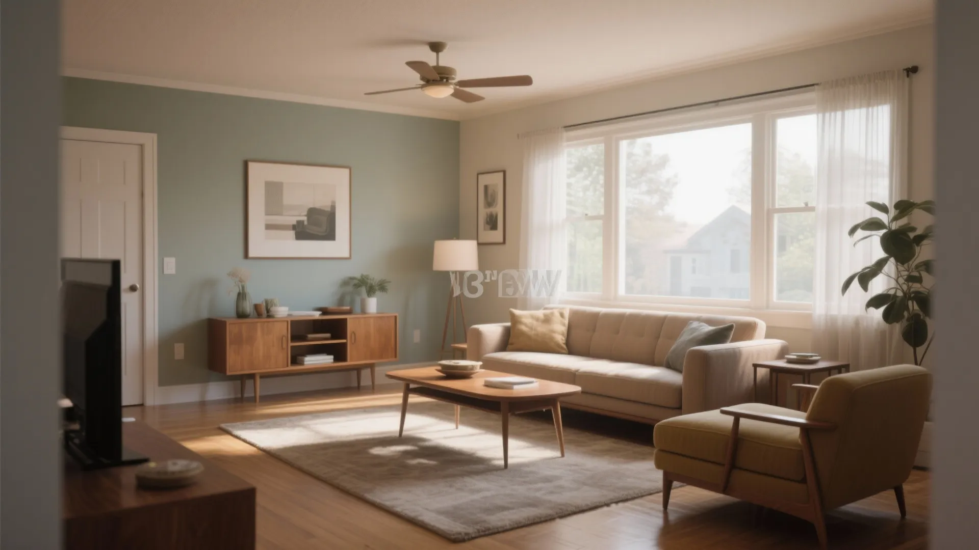 Living room with blue wall featuring wooden cabinet sofa and armchair on a large rug
