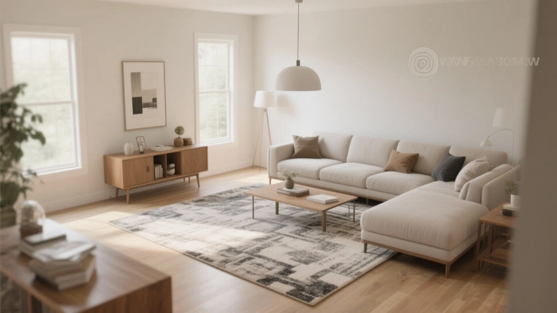 Modern living room featuring cream sofa large pattern rug wooden cabinet and minimalist white ceiling light