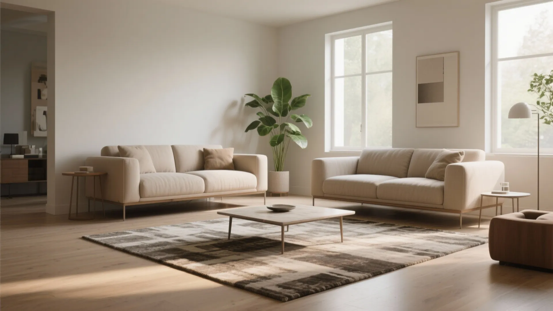 Bright living room with two beige sofas facing a wooden coffee table on patterned rug