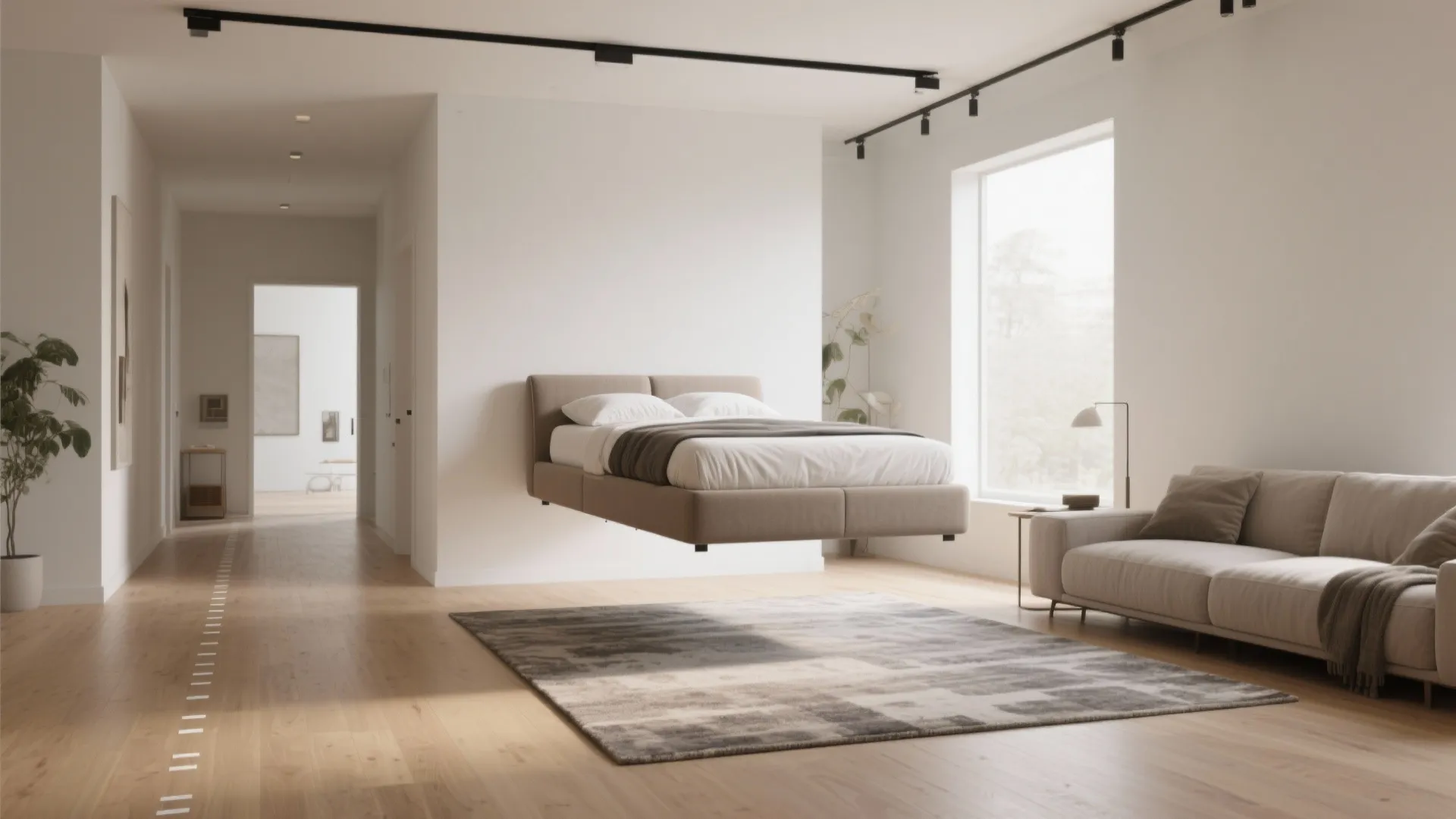 Modern white room featuring a floating bed design with a sofa and large floor area rug
