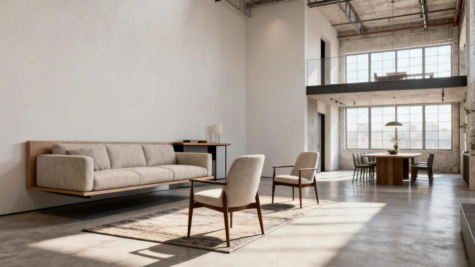 Open-plan living area with a floating sofa, opposite chairs, console behind sofa and rug anchoring the seating