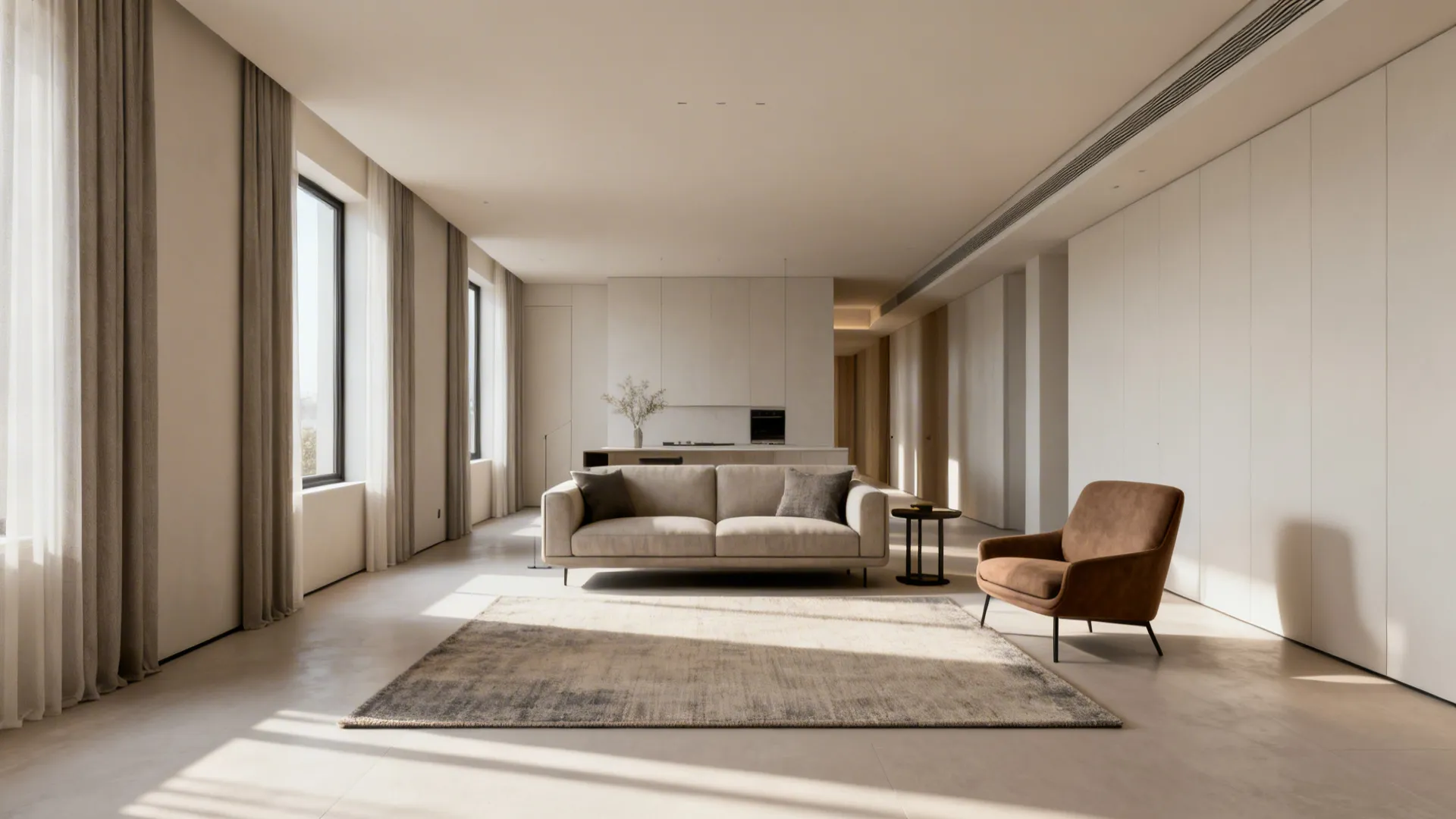 Large open plan living room with floating furniture layout featuring beige sofa and brown armchair