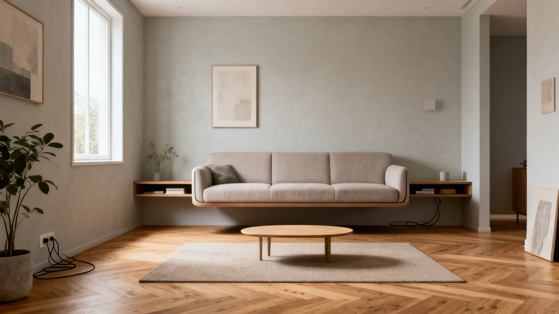 Minimalist living room with a floating grey sofa, wooden coffee table, rug, and green plant
