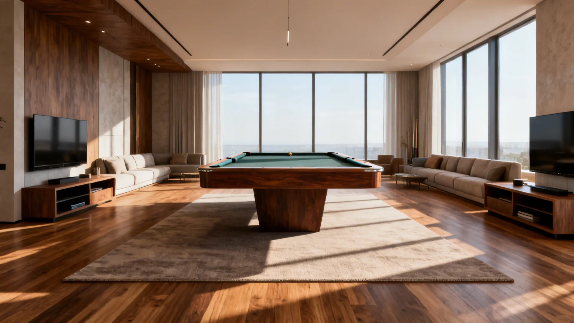 Pool table centered in a living room with seating around the perimeter and clear circulation space.