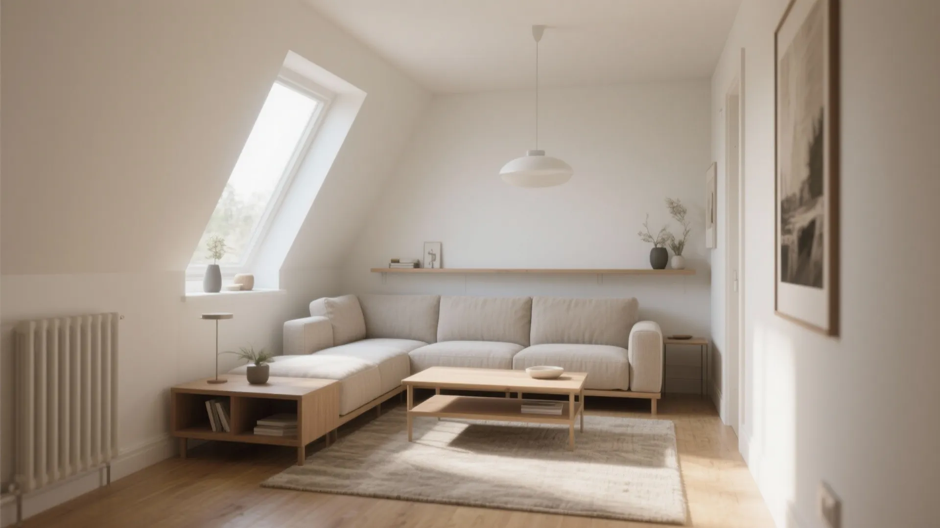 Bright attic living room featuring beige sofa wooden coffee table white ceiling light and window