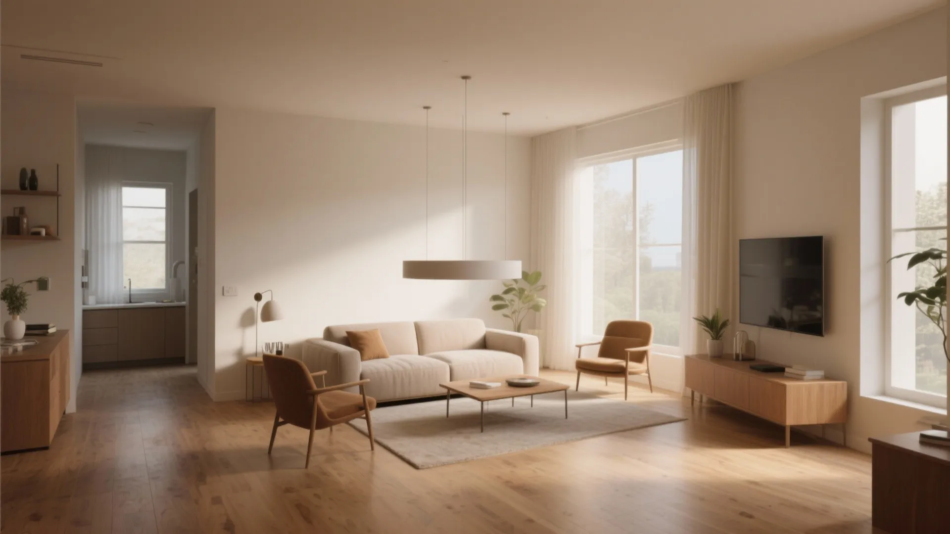 Modern living room with beige sofa wood floor coffee table television cabinet and bright windows