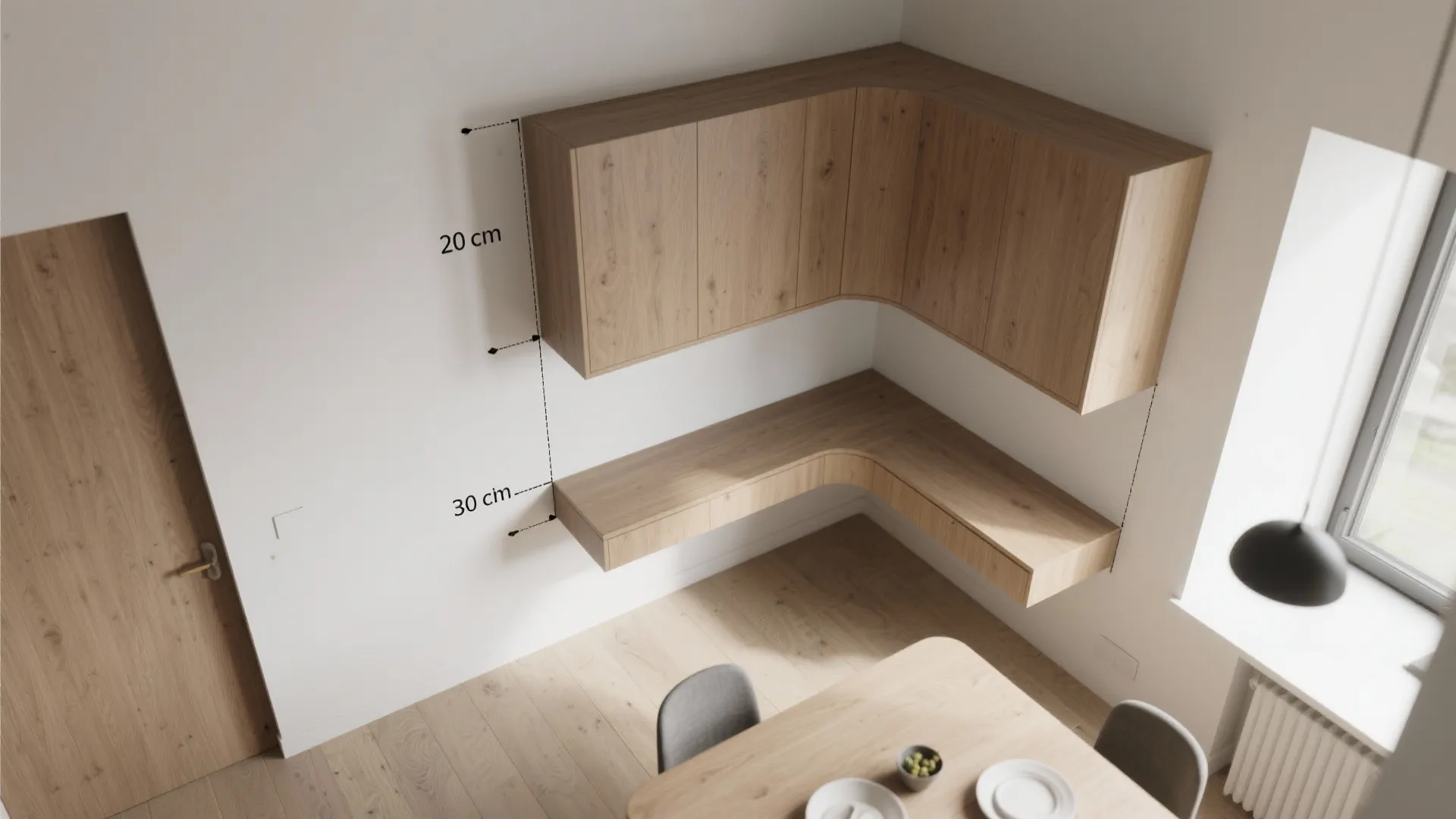Interior design drawing showing measurements for wooden wall cabinets and a floating desk in corner