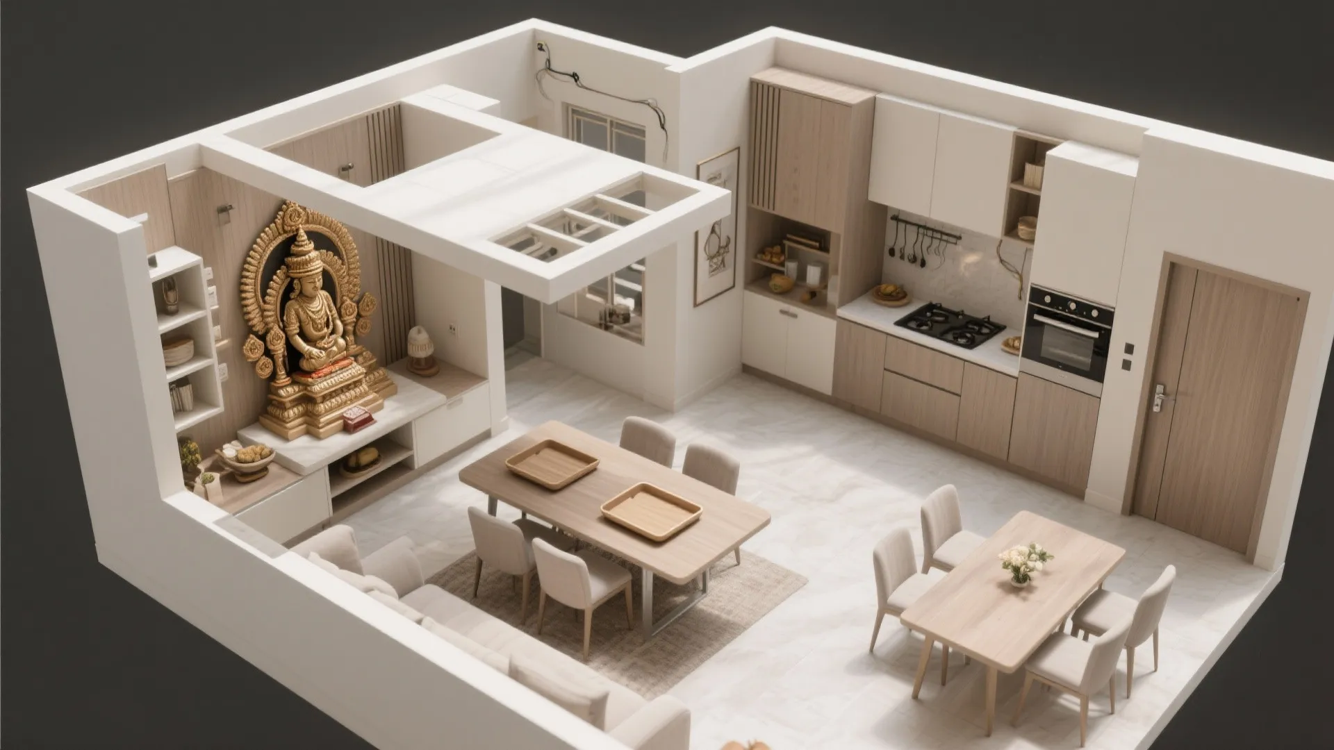 Interior design drawing of an open plan kitchen and dining room with a gold statue