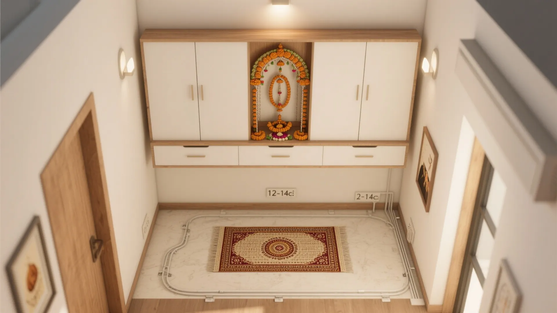 Top-down view showing clearances and placement for a floating pooja mandir and prayer mat.